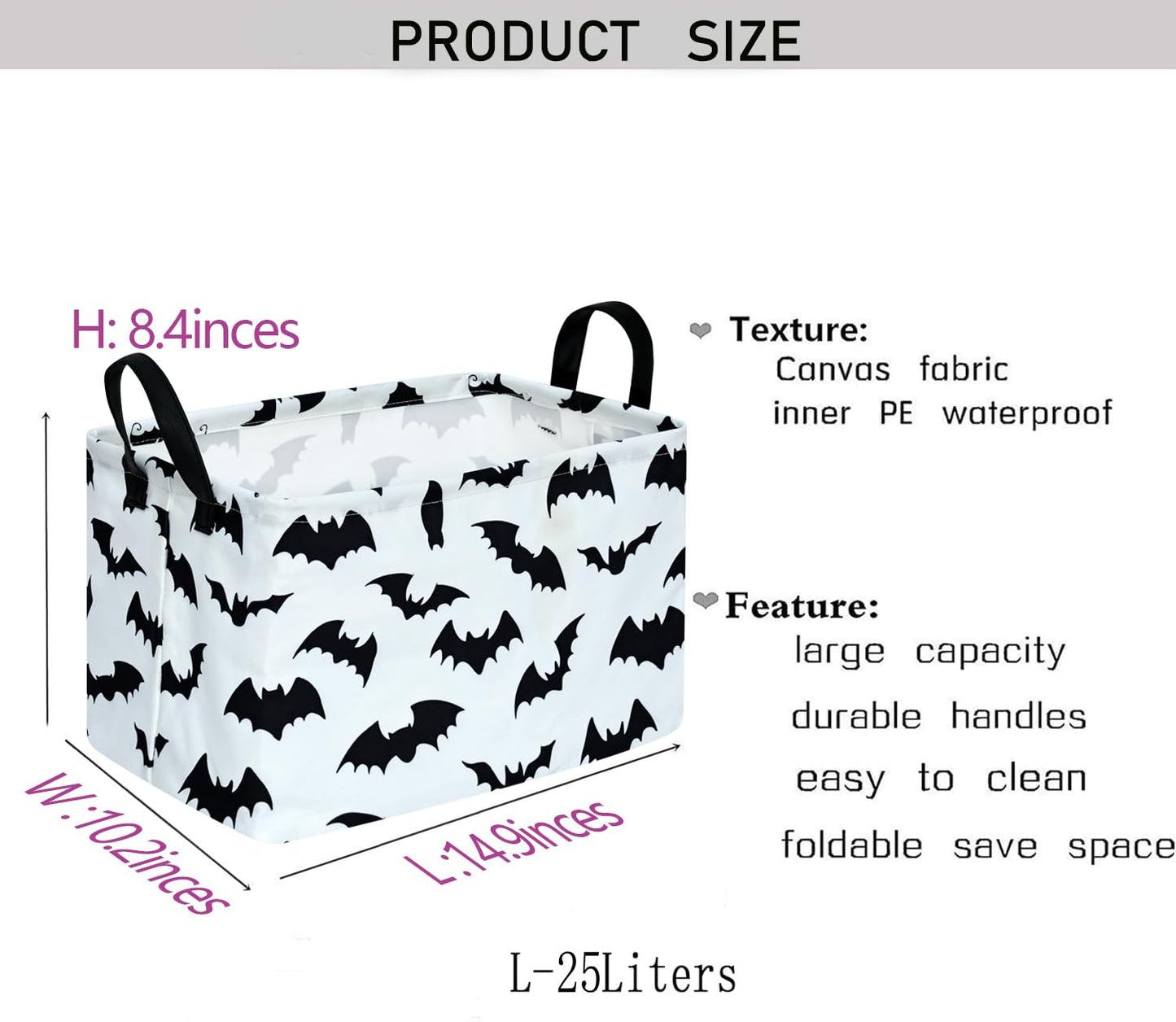 KUNRO Bat Pattern Halloween Storage Gift Basket Canvas Storage Bins with Handles Rectangle Storage Cubes Organizer for Bedroom Living Room