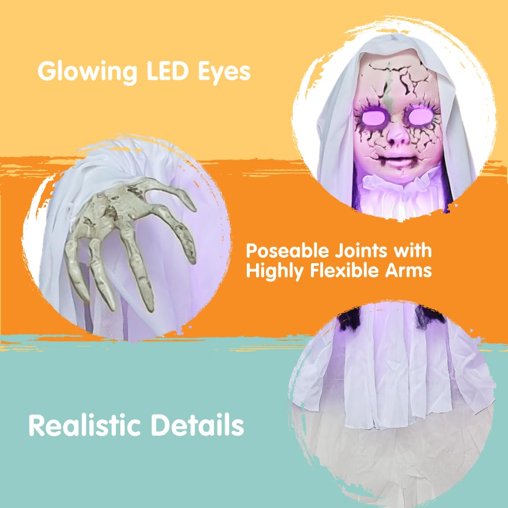 JOYIN 43" Outdoor Halloween Decoration, Scary Girl Hanging Ghost Decor Sound Activated with Light-up Head for Yard, Patio, Haunted House Lawn Garden