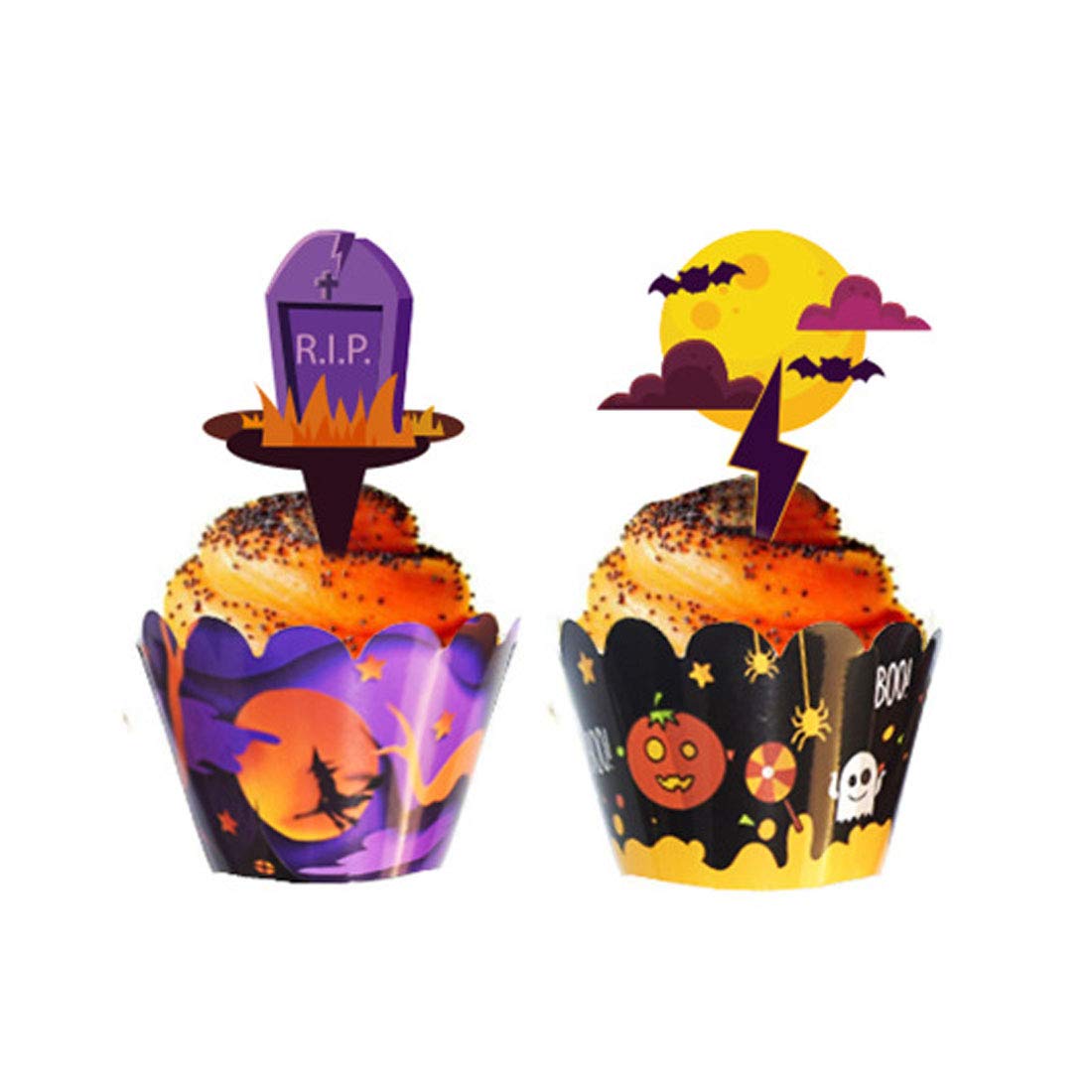 48 Pieces Halloween Cupcake Toppers Cupcake Wrappers Kit for Halloween Cake Decoration