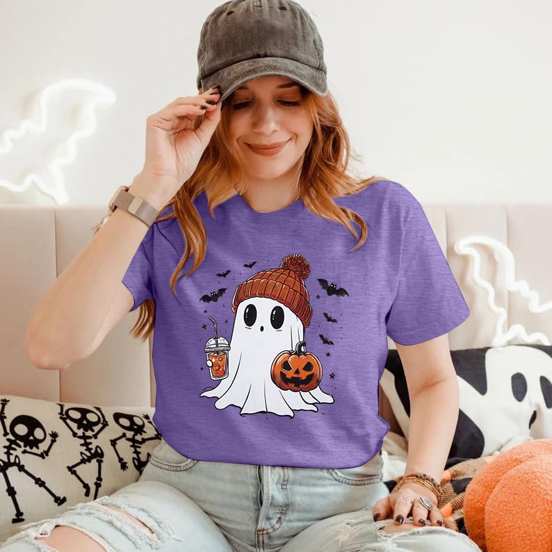 Halloween Shirts for Women Cute Ghost Shirt Fall Pumpkin Tshirt Coffee Lover Graphic Tees Casual Short Sleeve Tops