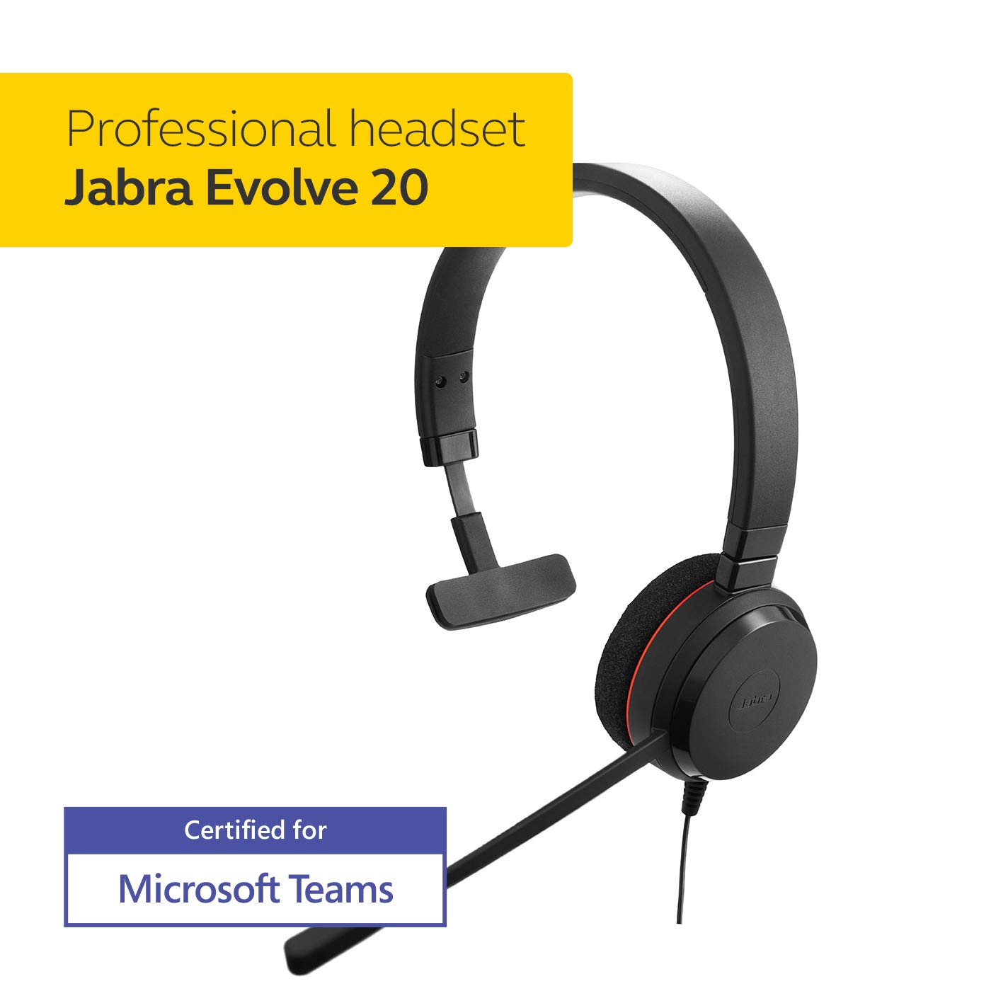 Jabra Evolve 20 MS Teams Wired Headset, Mono Telephone Headset for Greater Productivity, Superior Sound for Calls and Music, USB Connection, All Day Comfort Design