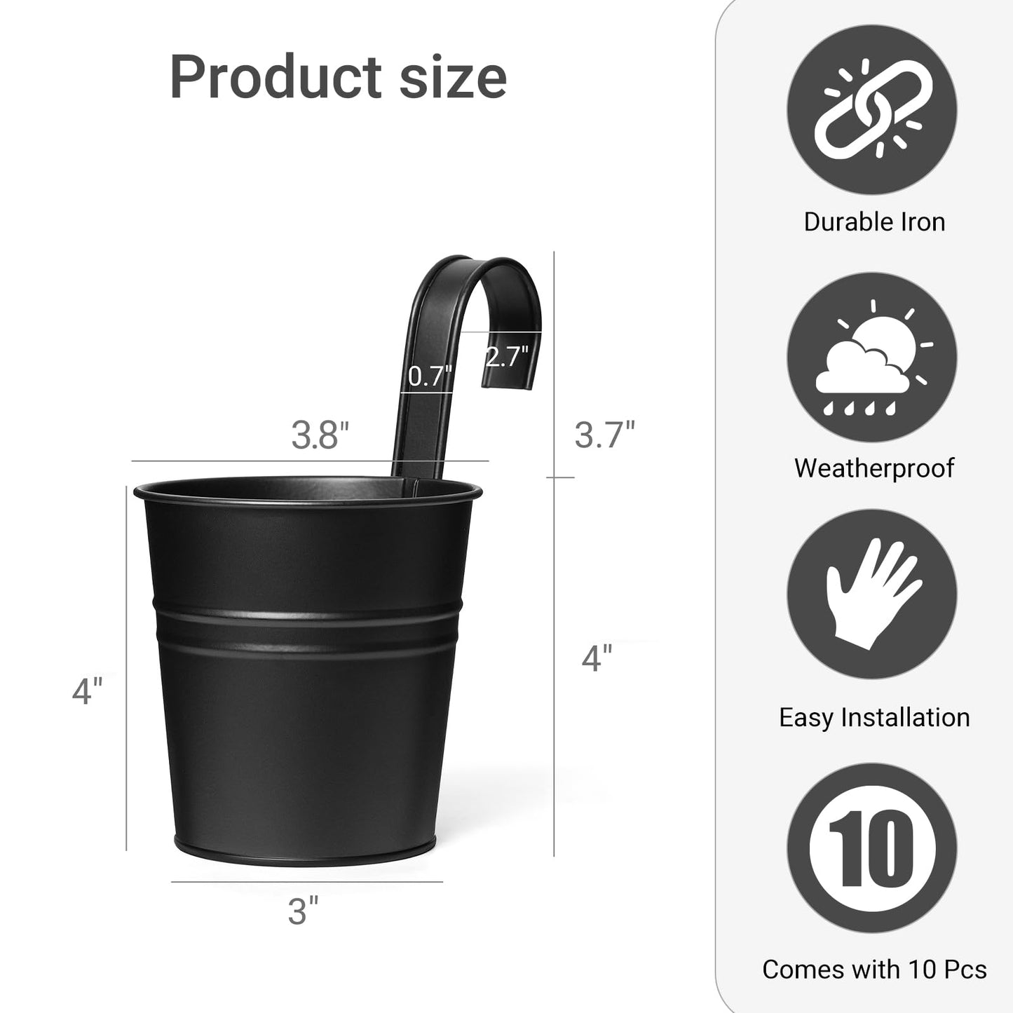 Dahey 10 Pcs Hanging Flower Pots Metal Iron Bucket Planter for Railing Fence Balcony Garden Home Decoration Flower Holders with Detachable Hooks, Black, 4 Inches