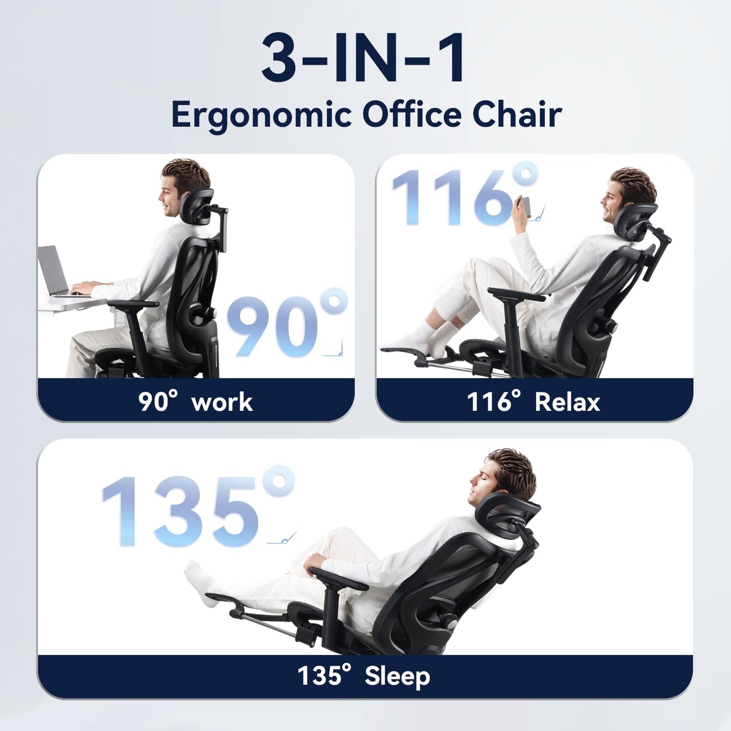 Ergonomic Office Chair, 3-Level Tilt Backrest, 3D Headrest, 3D Armrest and Retractable Footrest, Mesh Breathable SGS Class 4 Gas Clylinder, Black