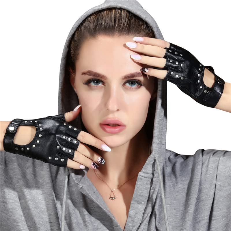 FLORVIV Black Fingerless Gloves PU Faux Leather Goth Cosplay Costume Punk Halloween Performance for Women