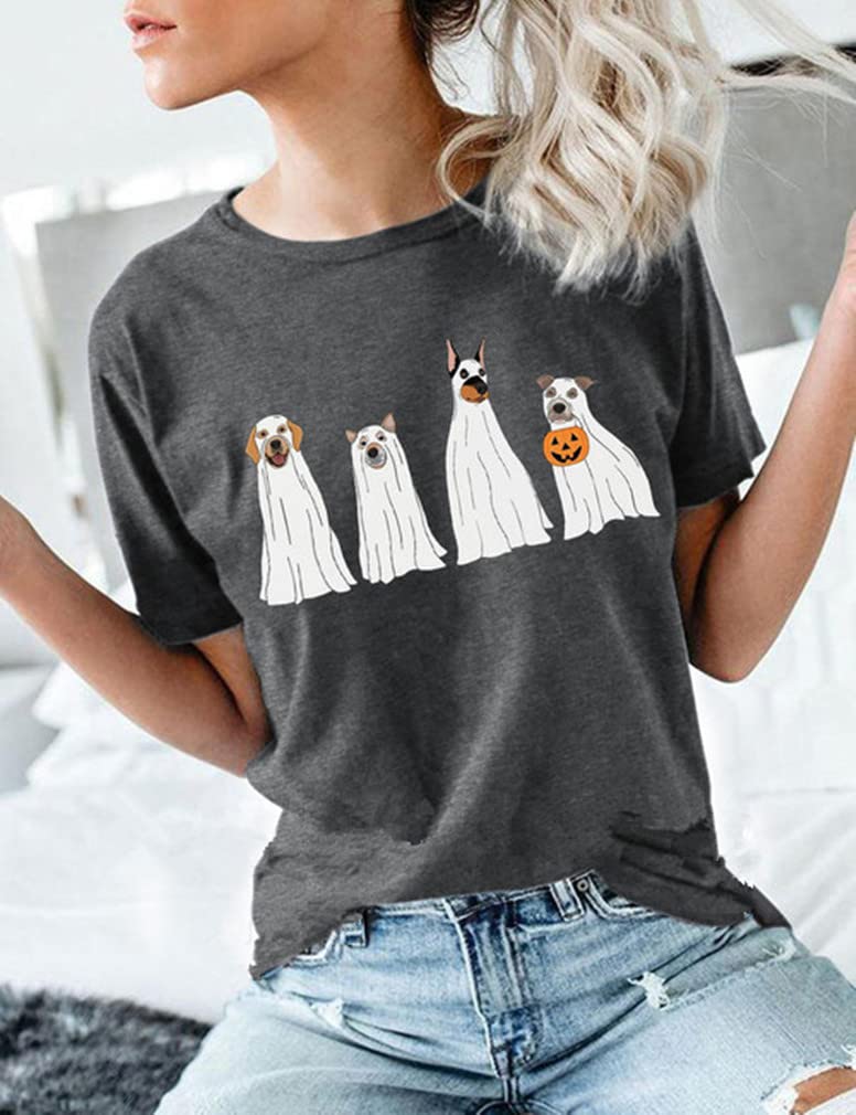 Halloween Pumpkin Shirts Women Fall T-Shirts Cute Autumn Graphic Tees Thanksgiving Tops(A-Dog/Grey,L)