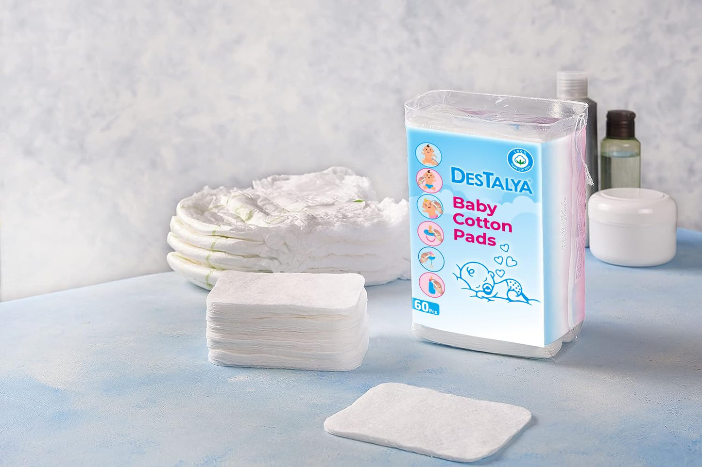 DESTALYA Baby Cotton Pads for Diaper Change | Large Cotton Squares for Sensitive Skin | Disposable Cleansing Wipes | Soft Washcloths for Personal Care, Makeup Removal (Maxi Pads 360)