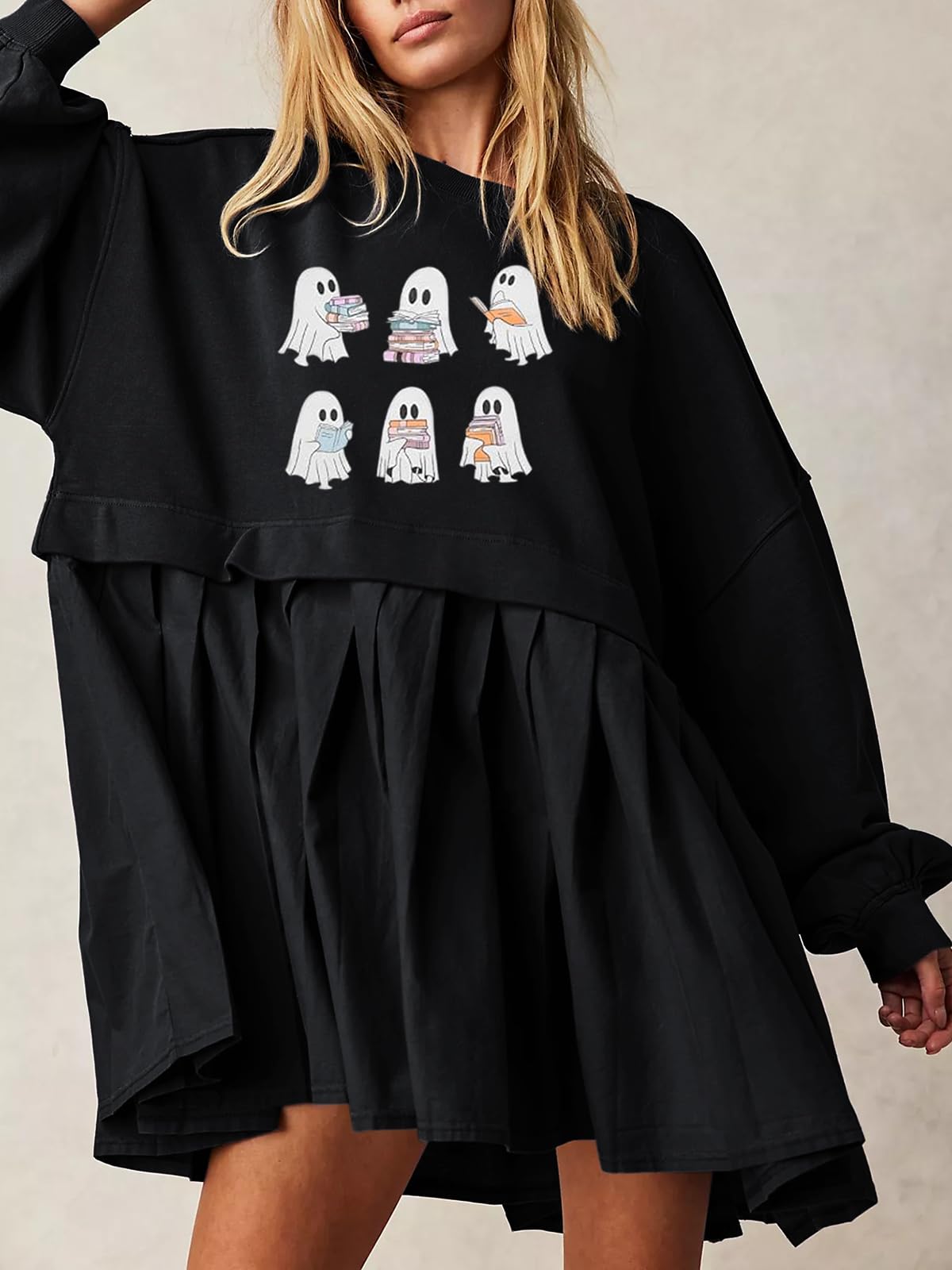 Dokuritu Halloween Sweatshirts for Women Crew Neck Pullover Tops Oversized Sweatshirt Mini Dress