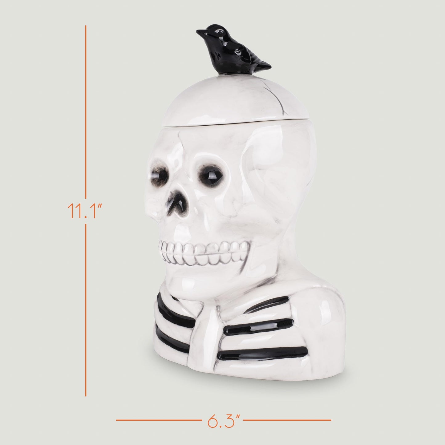 100 North Dolomite Ceramic 12 x 8.5 Halloween Cookie & Candy Jar with Airtight Lid: Perfect for Kitchen Canisters, Pet Treat Containers & Fall Decorative Candy Dish, Skeleton with a Crow