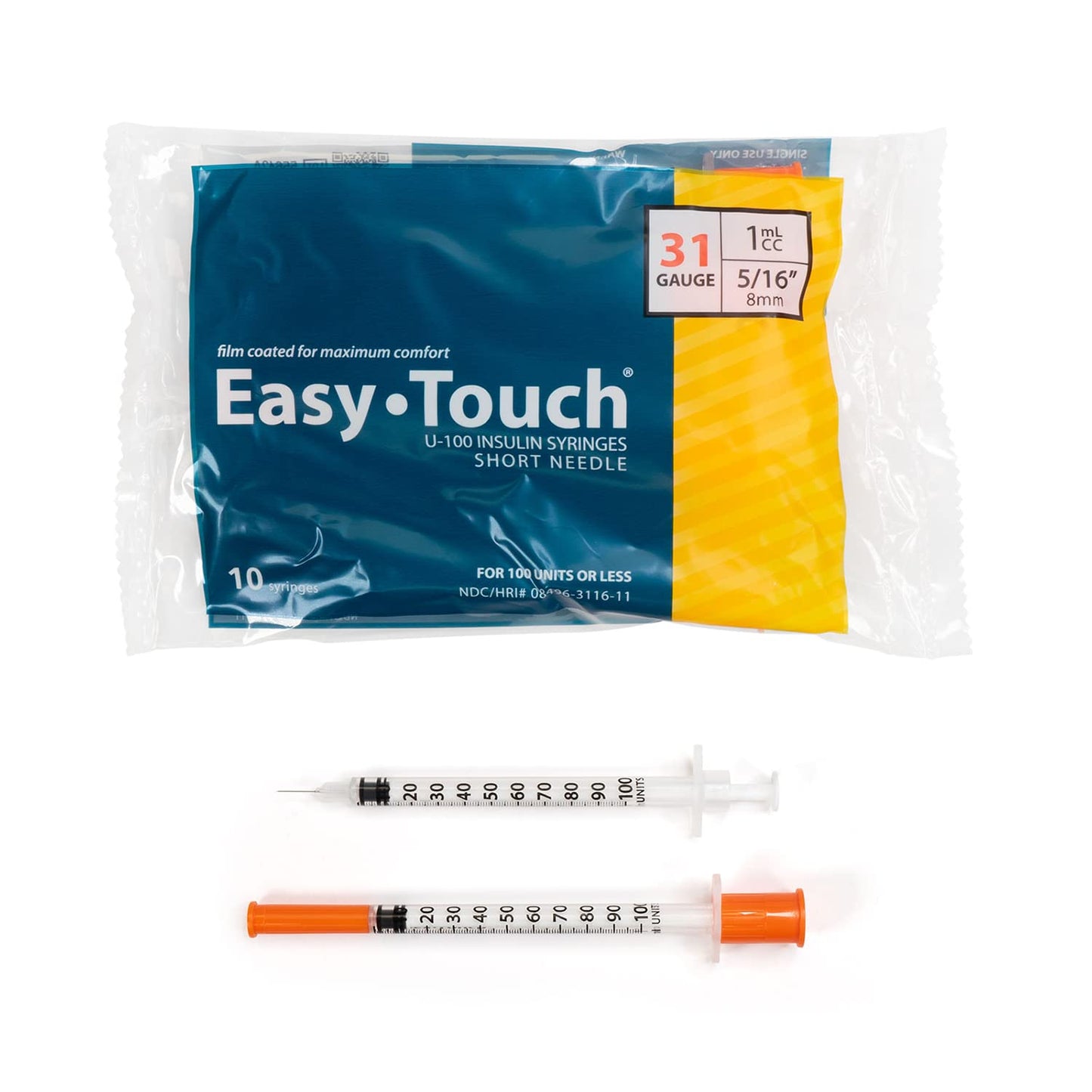 Easy Touch U-100 Insulin Syringe with Needle, 31G 1cc 5/16-Inch (8mm), Box of 100