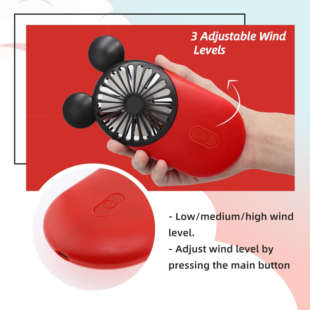 DecoLife Cute Handheld Mini USB Fan, Rechargeable Portable Fan, 3 Adjustable Speeds and Wearable Accessories, Pocket Size for Indoor Or Outdoor Activities (Red)
