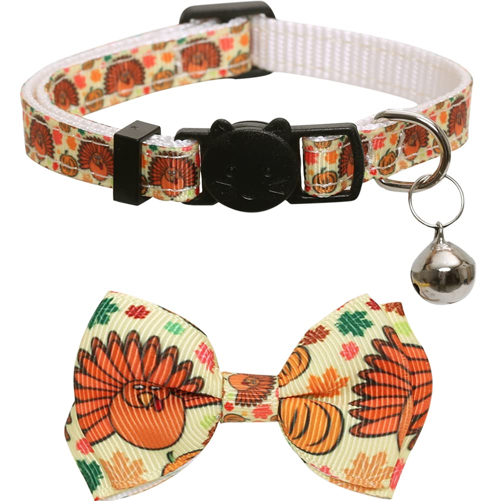 Lamphyface Thanksgiving Cat Collar Fall Autumn Breakaway with Bow Tie and Bell for Kitty Adjustable Safety