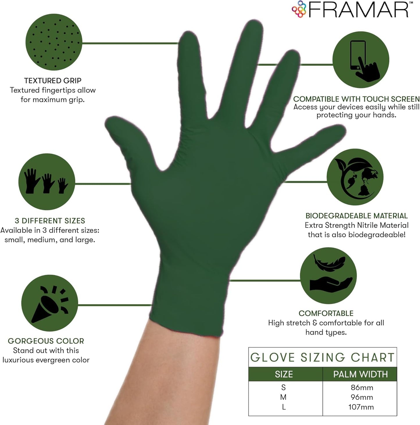 FRAMAR Green Gloves Disposable Latex Free – Heavy Duty Nitrile Gloves Medium, Disposable For Hair Dye, Cooking Glove Medium Nitrile Tattoo Glove, Guantes Desechables, Biodegradable - 100