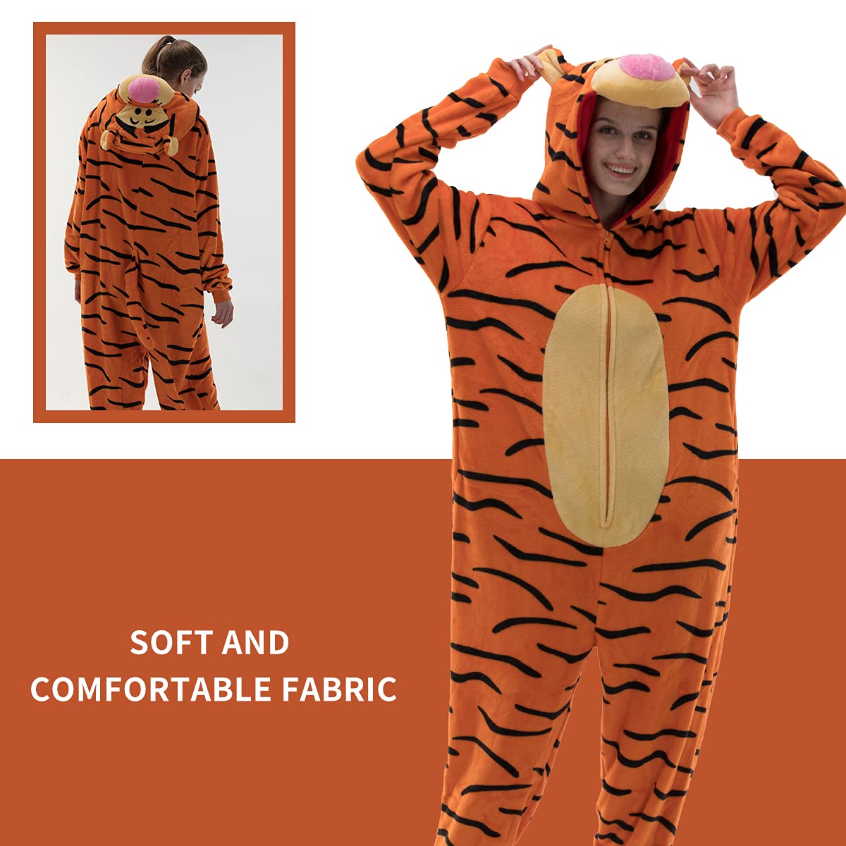 COSUSKET Snug Fit Unisex Adult Tigger Onesie Pajamas, Flannel Cosplay Animal One Piece Halloween Costume Sleepwear Homewear Orange