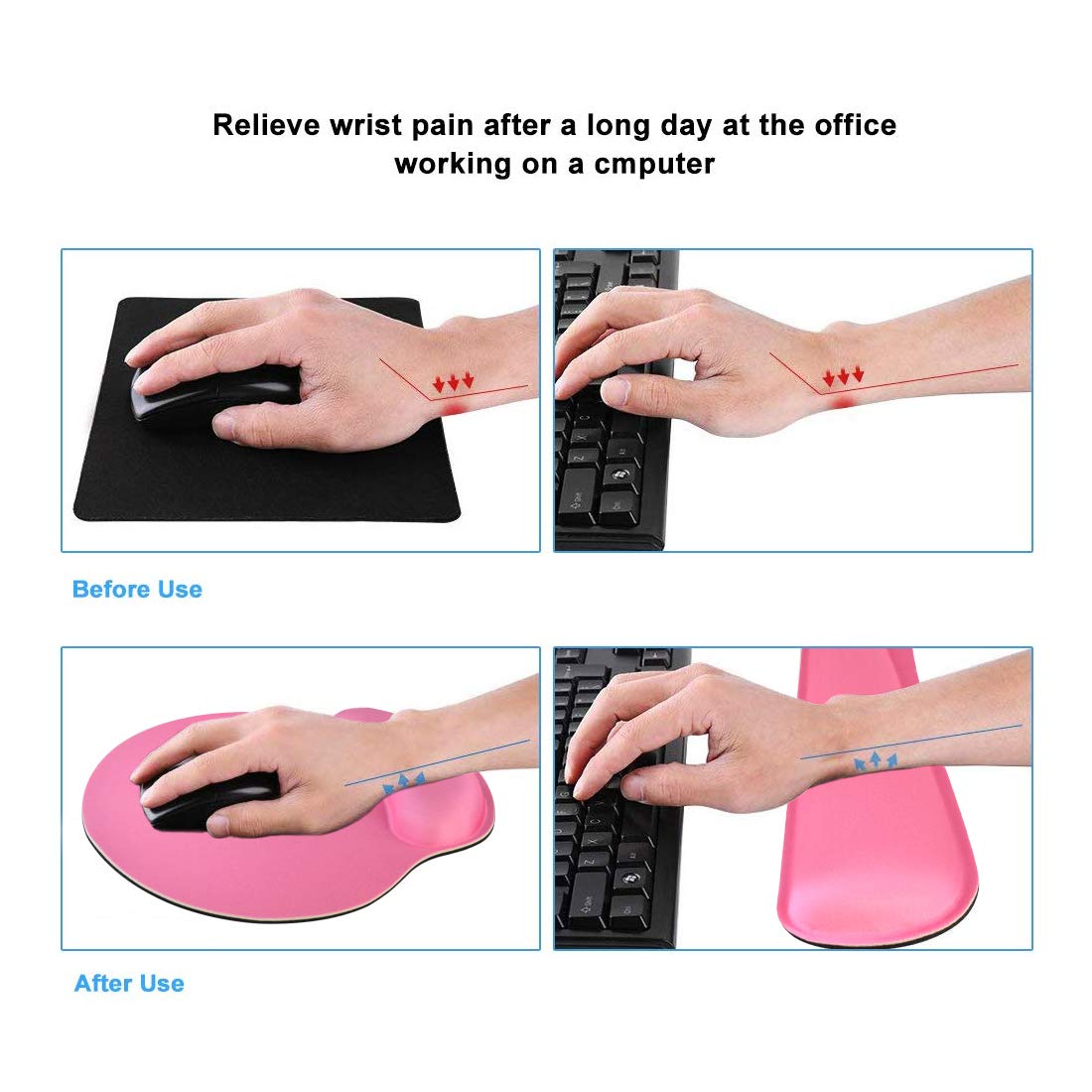 Keyboard Wrist Rest Pad Mouse Pad, Memory Foam, Rest Pads Sets for Comfortable Typing & Wrist Pain Relief, Anti-Slip Rubber Base (Rose Pink)