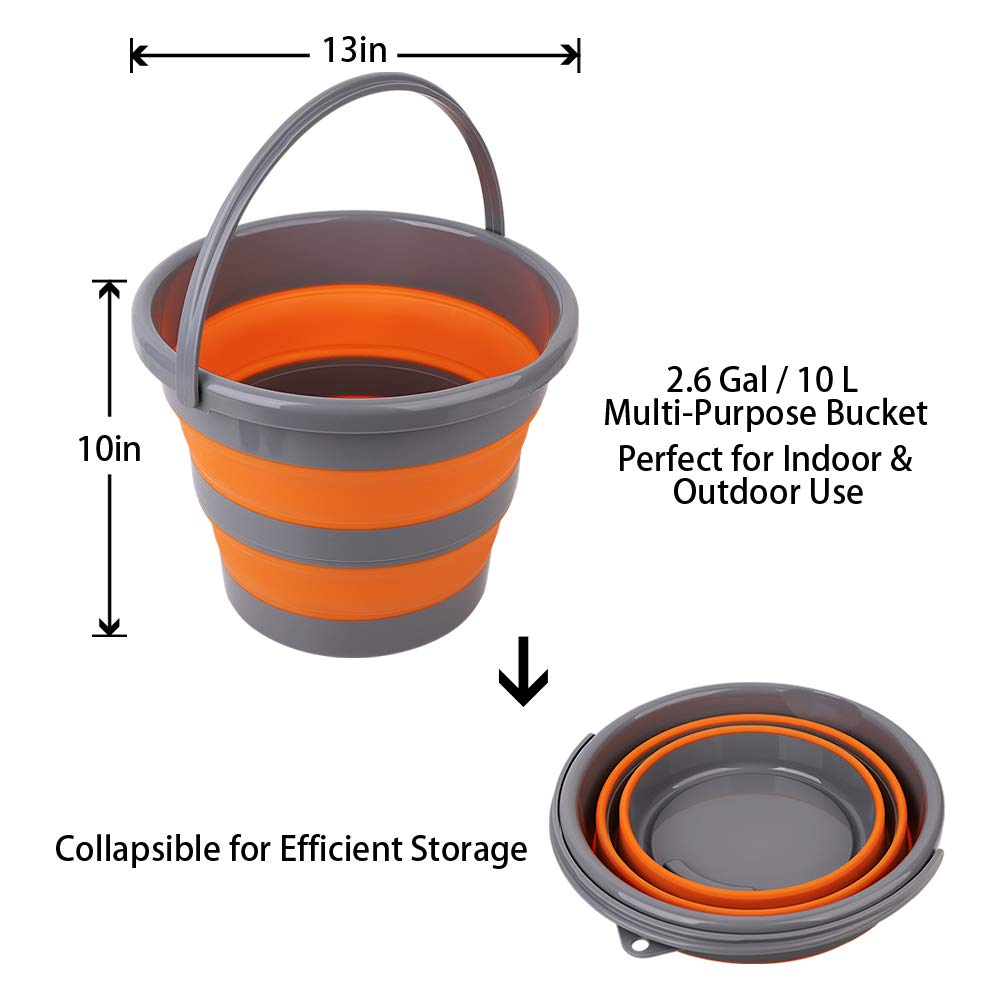 2 Pack Collapsible Plastic Bucket with 2.6 Gallon (10L) Each, Foldable Round Tub for House Cleaning, Space Saving Outdoor Waterpot for Garden or Camping, Portable Fishing Water Pail (Blue & Orange)