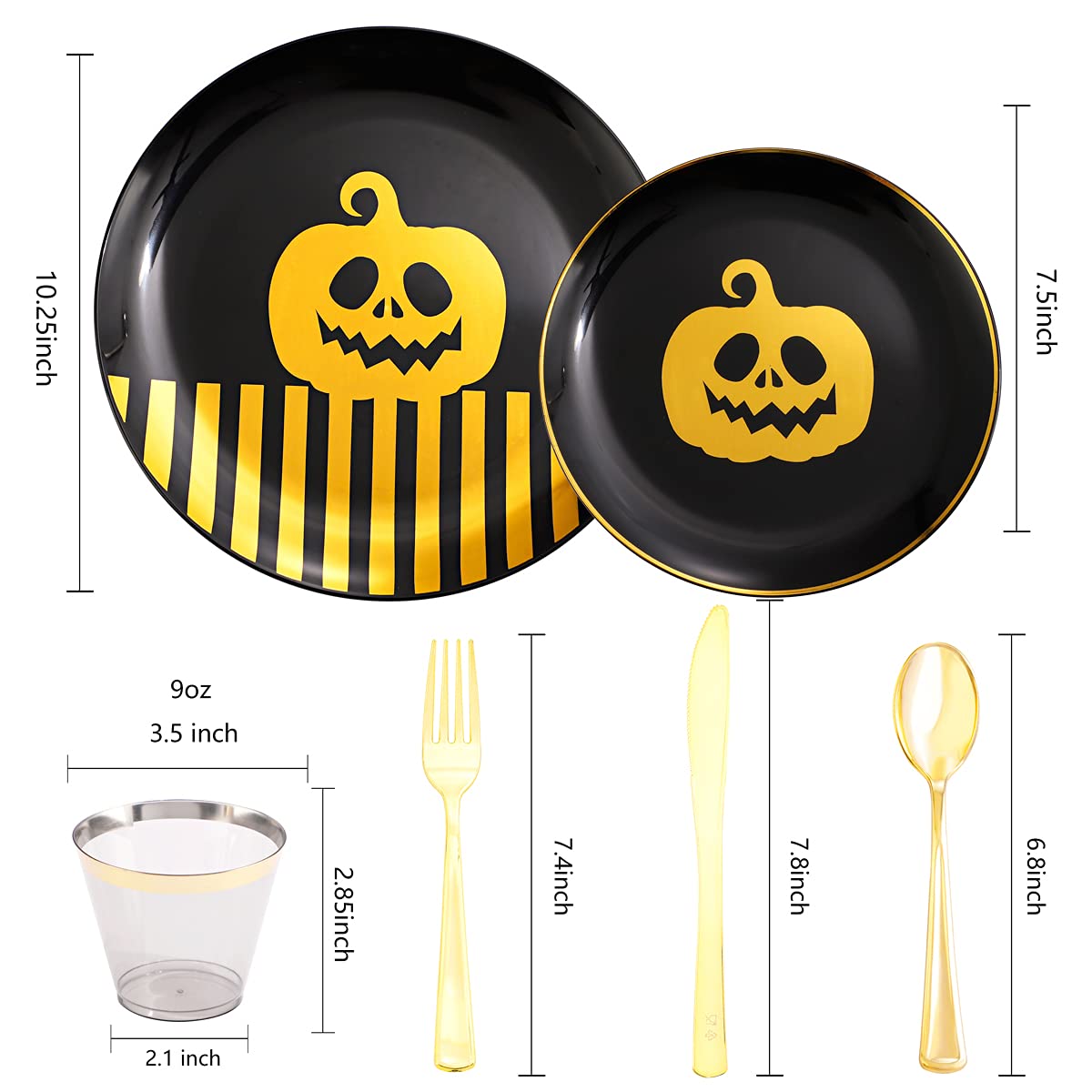 KIRE 25 Guest Halloween Plates Black Gold Plastic Plates Smiley Pumpkin include 50PCS Black &150PCS Gold Plastic Silverware&25PCS Clear Black Cups for Halloween Party