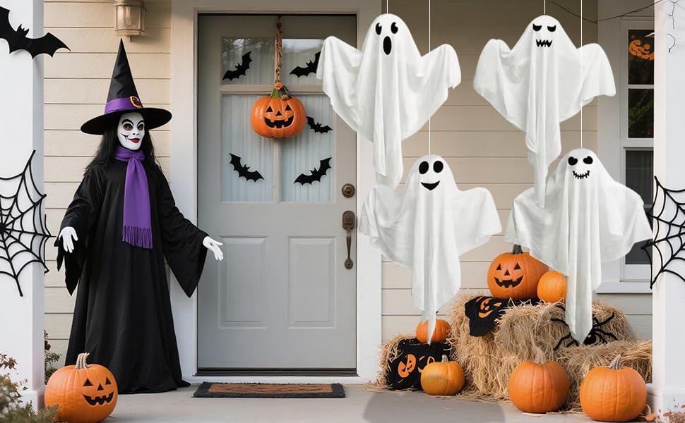 4 Pack Halloween Hanging Ghosts, 27.5" Cute Flying Ghost Decorations for Front Yard Patio Lawn Garden Party Décor and Holiday Decorations