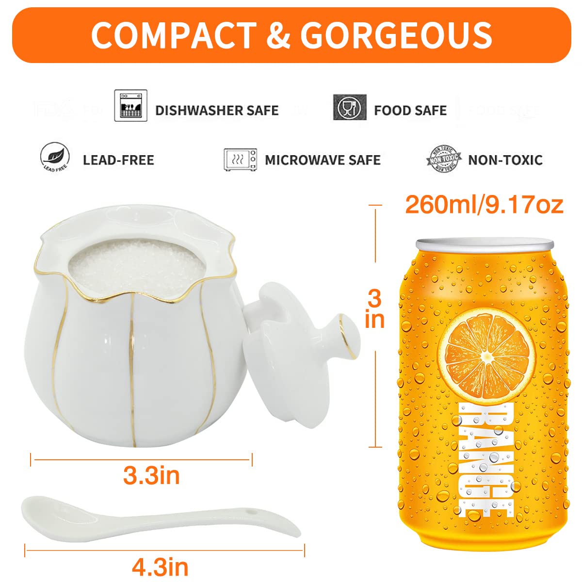 Kitchenexus Porcelain Sugar Bowl with Lid and Spoon 9.17oz/260ml Ceramic Sugar Bowl Sugar Container for Home Kitchen in Golden Edge Pumpkin Design