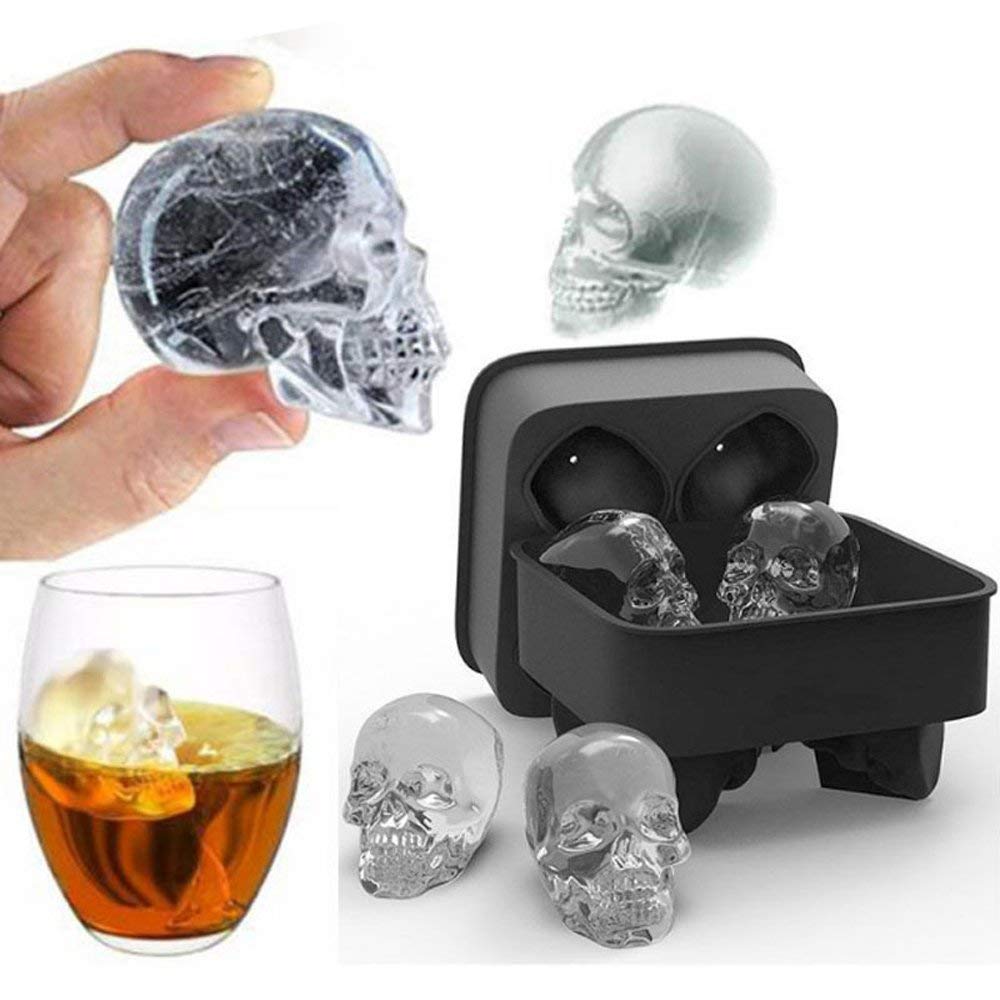 Ice Mold Skull 3D Flexible Silicone Ice Cube Molds Maker Tray, 4 Giant Skulls, Round Ice Cube Maker