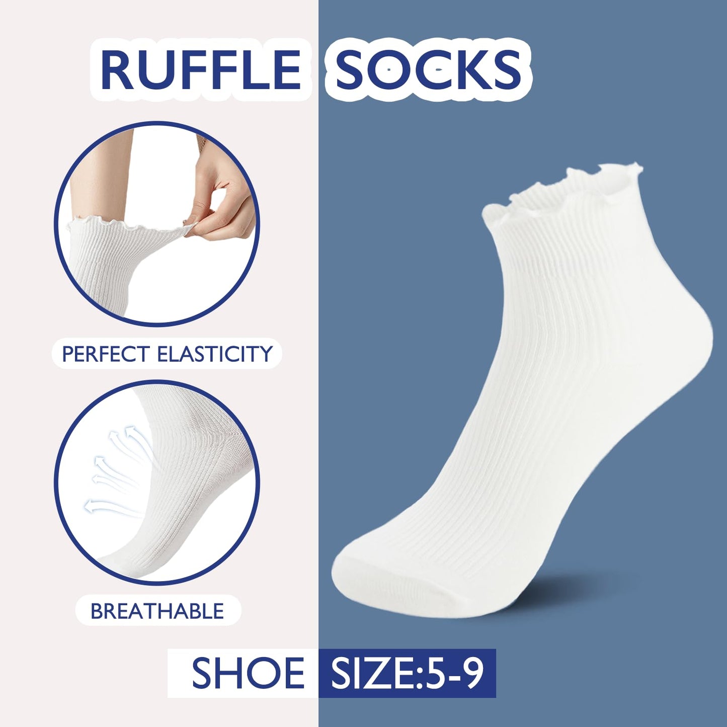 Hstyle Ruffle Socks Women, 6 Pairs of White Breathable Cool Ankle Socks