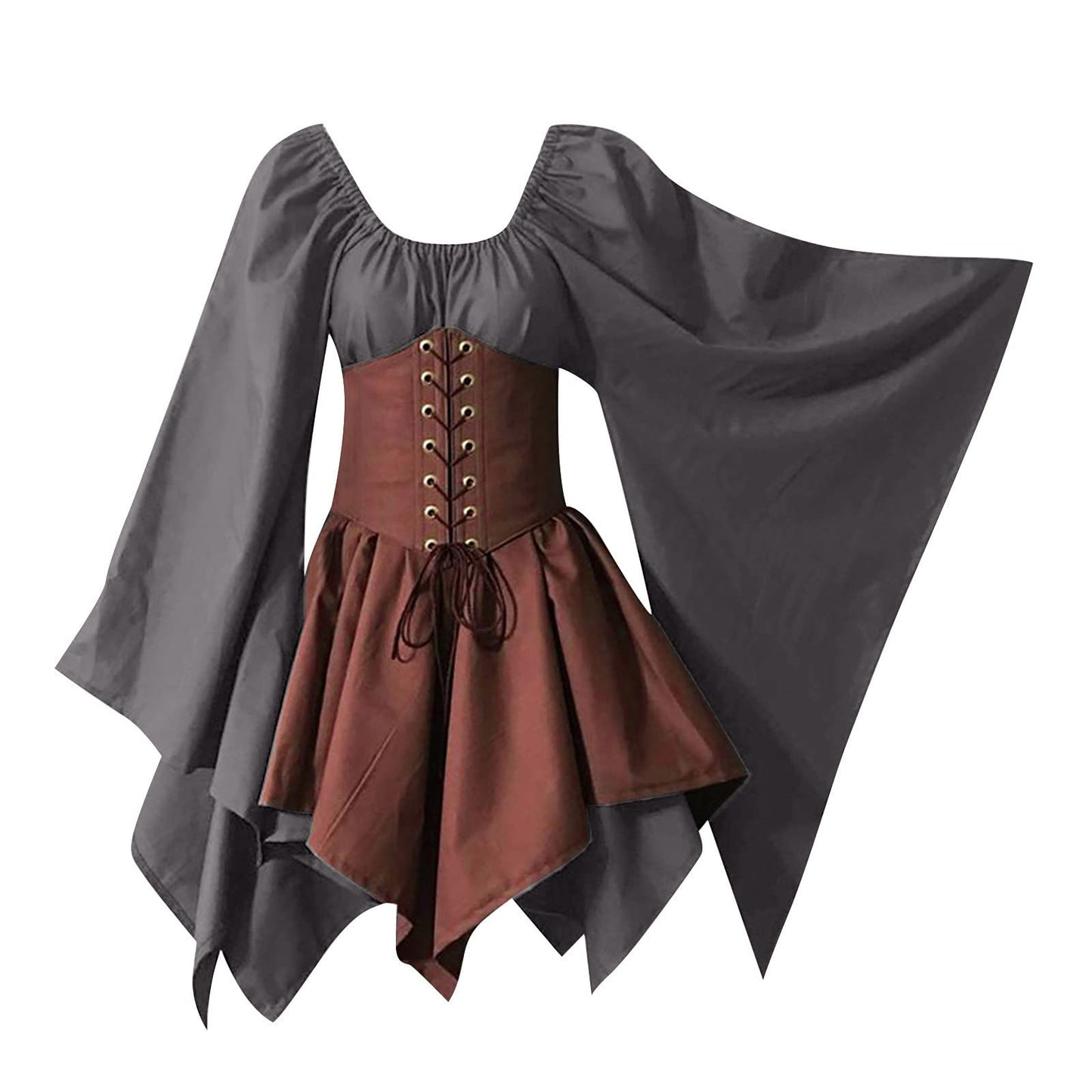 KEGIRLOM My Shopping Cart Women's Medieval Renaissance Dress Costume Flare Sleeve Corset Skirt Overskirt Elven Archer Irish Over Gown 2pcs Set,Gothic Dress Long Plus Size