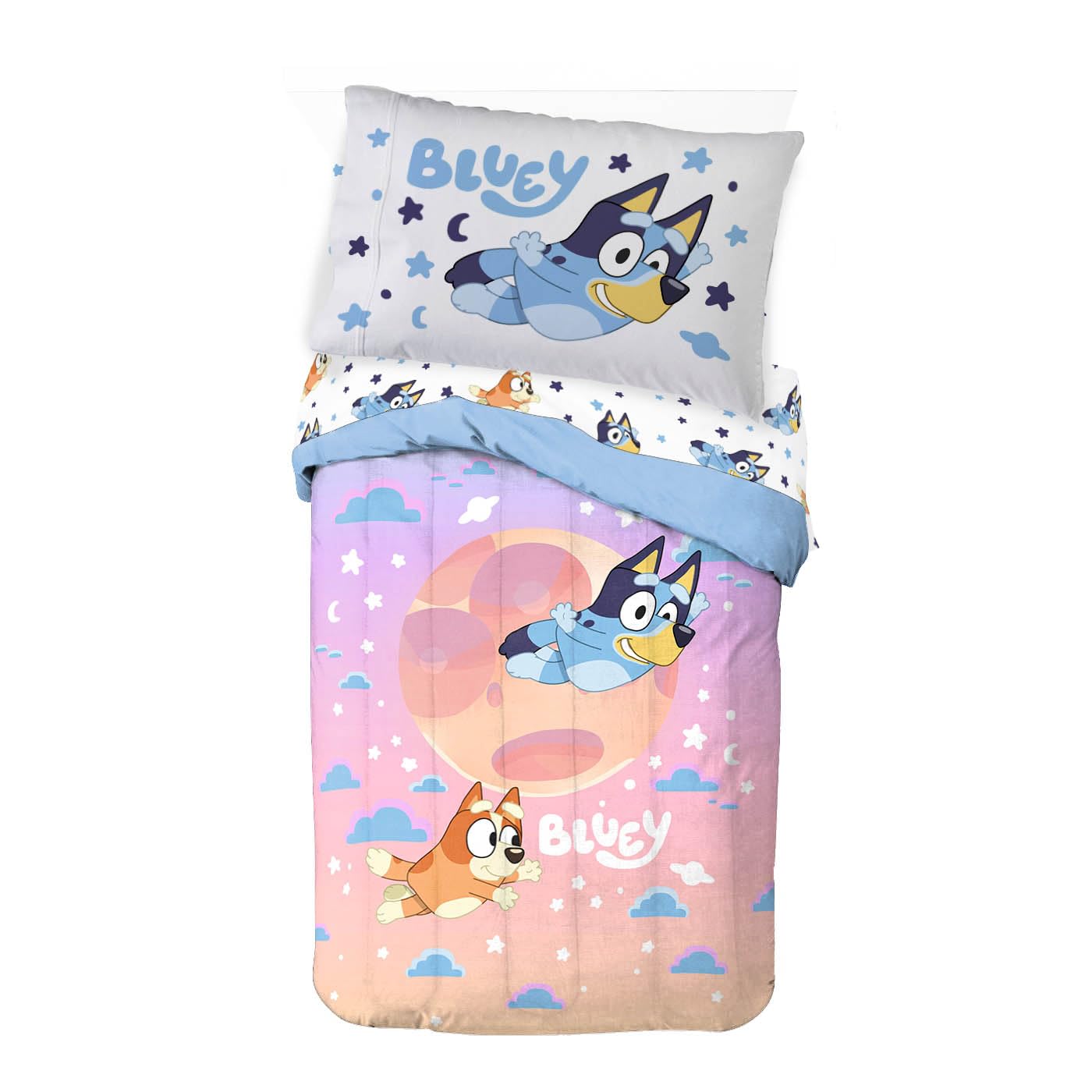 Jay Franco Bluey & Bingo Toddler Comforter Set - 4 Piece Bed Set Includes Sheet Set & Pillow Covers - Super Soft Clouds & Stars Kids Bedding