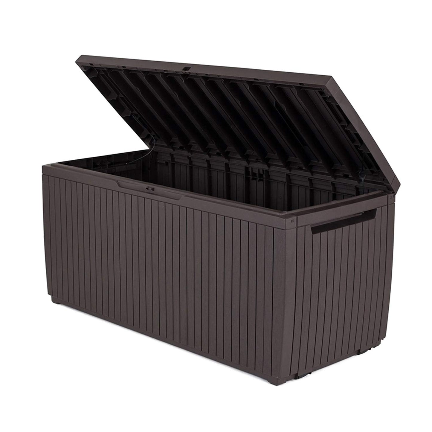 Keter Springwood 80 Gallon Resin Outdoor Storage Box for Patio Furniture Cushions, Pool Toys, and Garden Tools with Handles, Brown