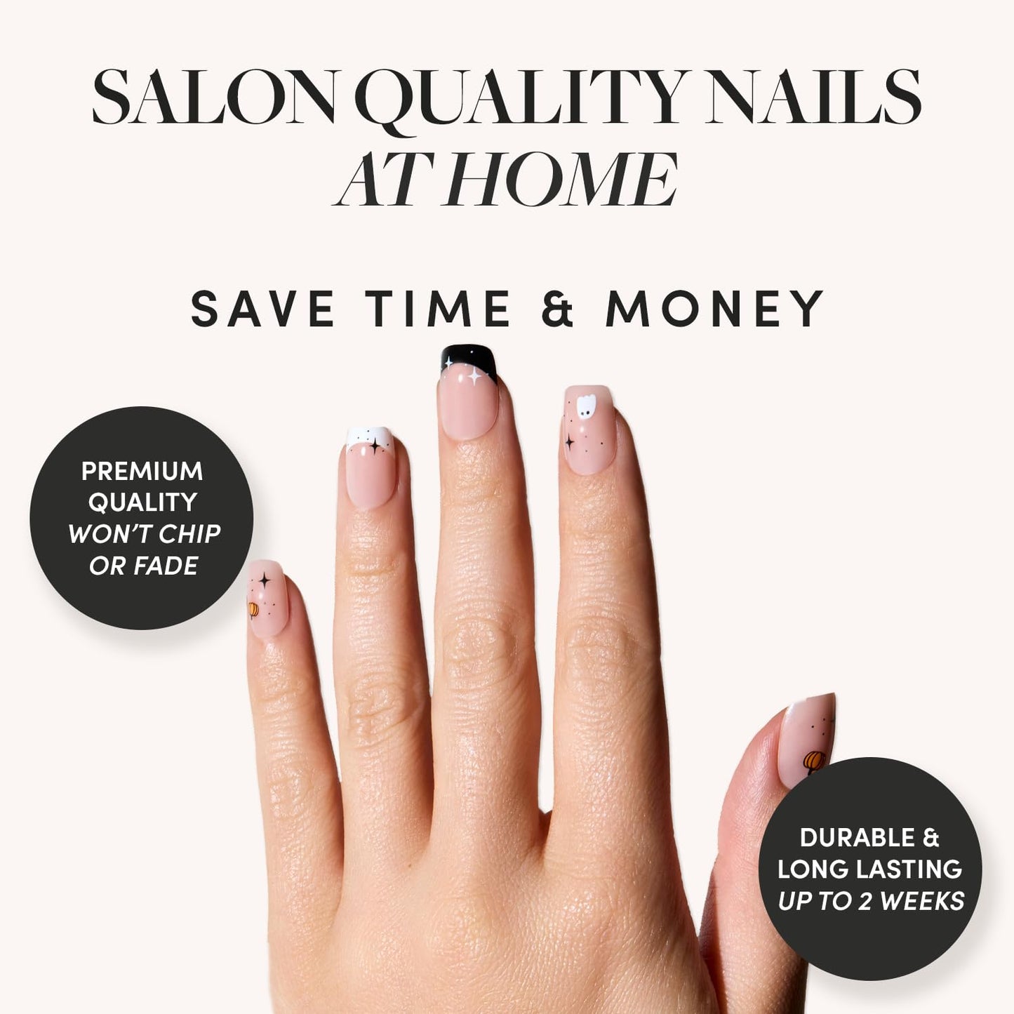 Glamnetic Press On Nails - Tiny Pumpkin | Short Squoval French Tip Fake Nails with Pumpkin Graphics & Glossy Finish, Salon Quality Halloween Nails | 15 Sizes - 30 Nail Kit with Glue