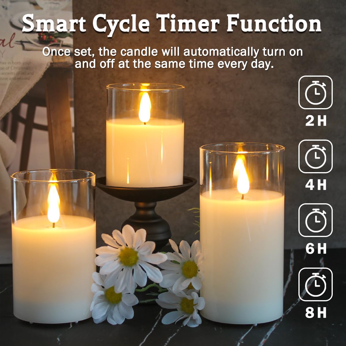 LEDHOLYT Rechargeable Flameless Candle, Flashing LED Pillar Real Wax Candle with Remote Control and Timer, Clear Glass Electronic Candles for Room Decoration, 1 Set of 3