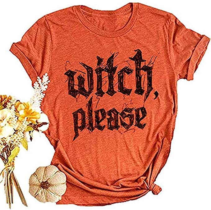 kfulemai Womens Halloween T-Shirt Funny Short Sleeve Witch Please Graphic Tees Tops(L,Orange)