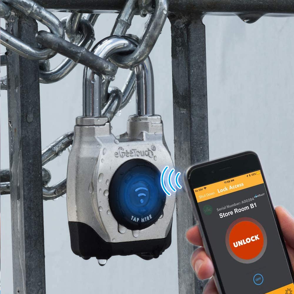 eGeeTouch 4th GEN. Outdoor Smart Padlock, Weatherproof, Rugged Design for Commercial use, Bluetooth + NFC (1 Pack) Satin Silver