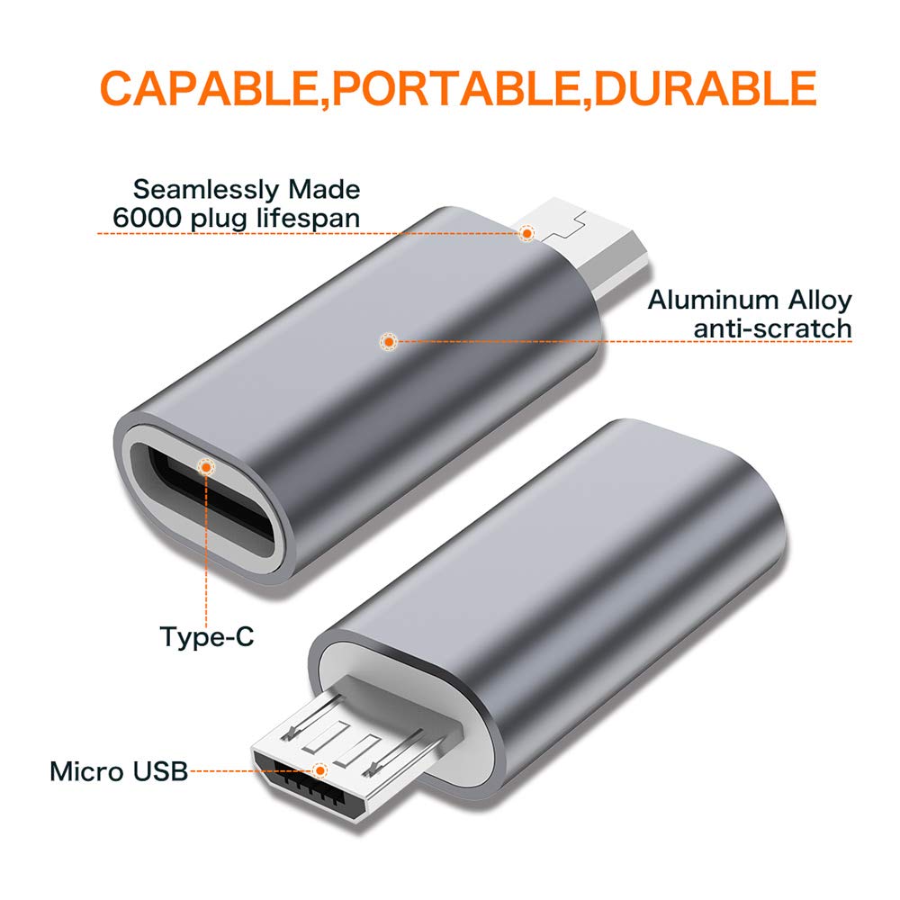 JXMOX USB C to Micro USB Adapter, (4-Pack) Type C Female to Micro USB Male Convert Connector Support Charge Data Sync Compatible with Samsung Galaxy S7 S7 Edge, Nexus 5 6 and Micro USB Devices (Grey)