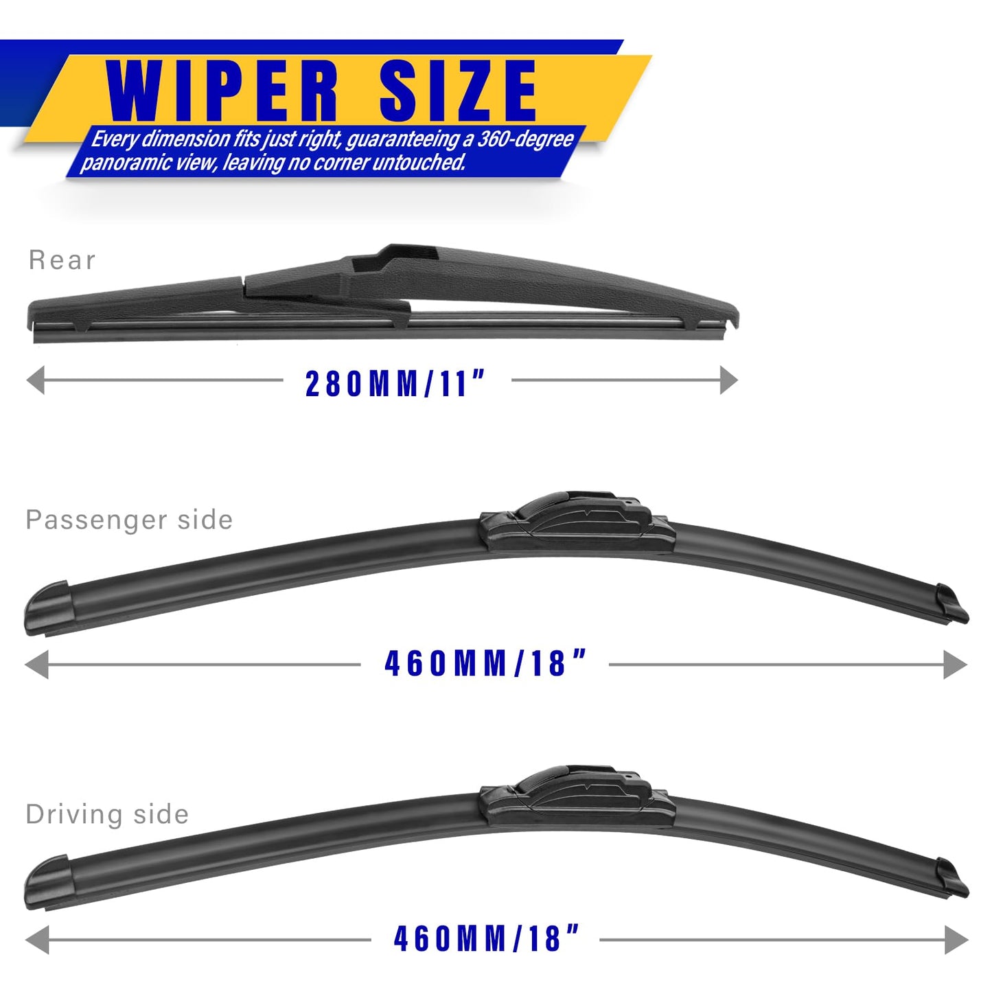 3 wipers Replacement for 2006-2011 Chevy chevrolet HHR, Windshield Wiper Blades Original Equipment Replacement - 18"/18"/11" (Set of 3) U/J HOOK