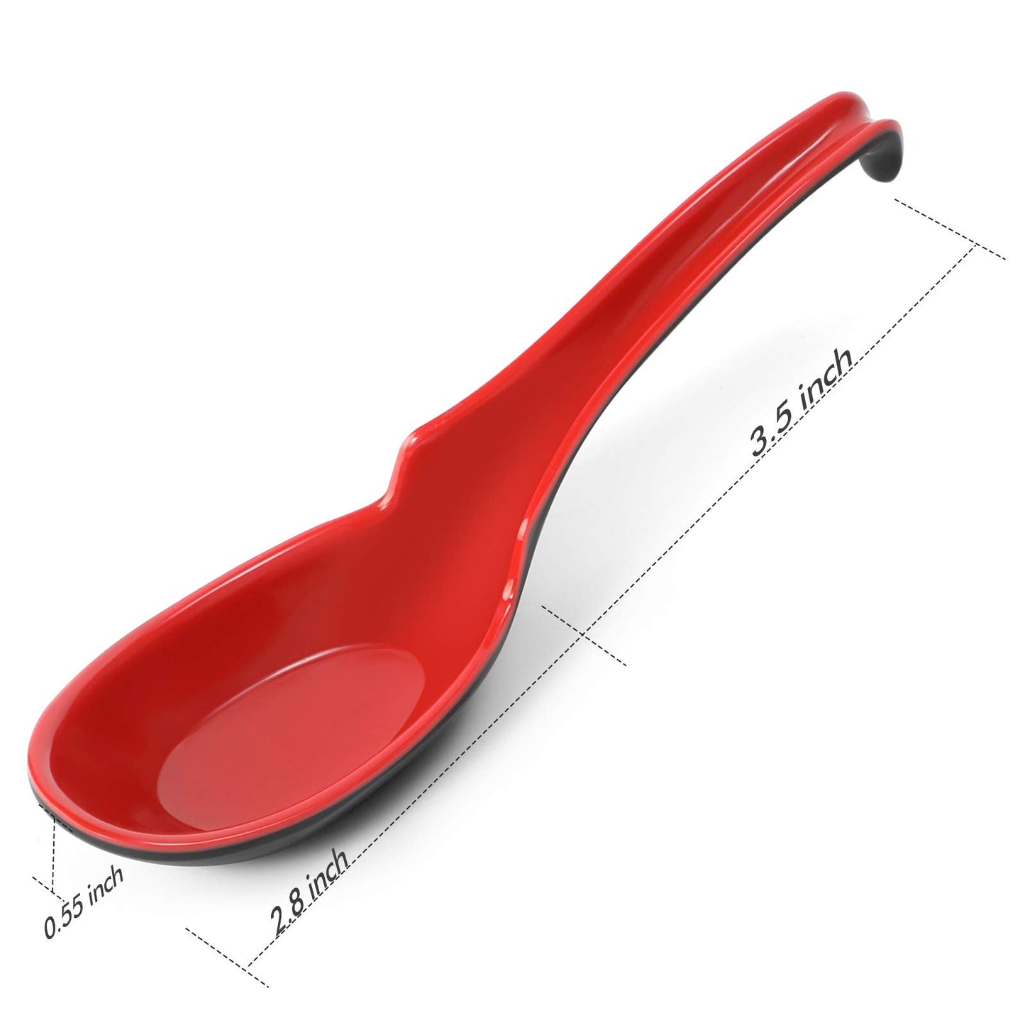 12 PACK Asian Soup Spoons, Rice Spoons, Melamine Chinese Won Ton Soup Spoon For soba, pho, ramen, Noodle, Korean Style Large Spoon with Long Handle- Notch and Hook Style, Red & Black