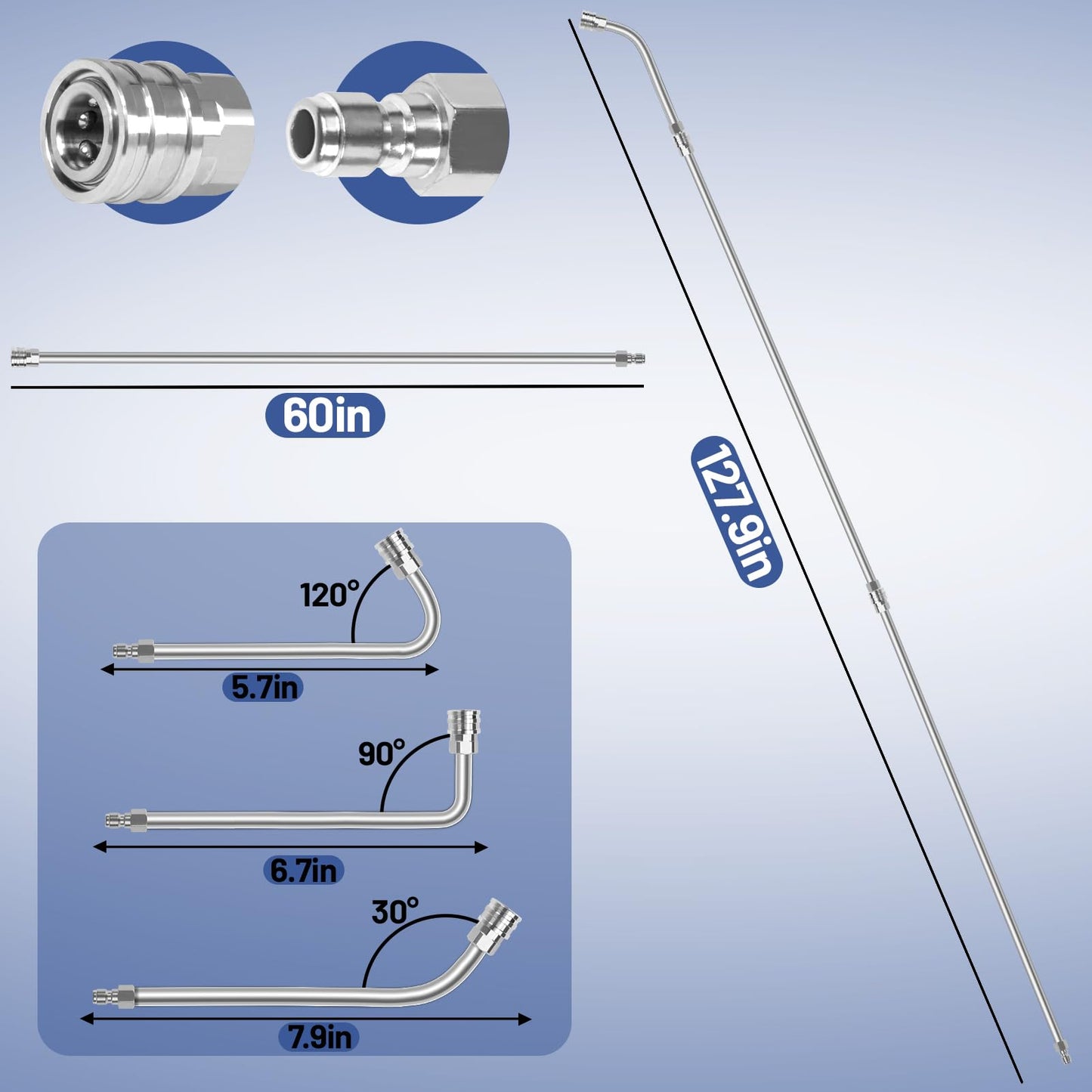 120 Inch Pressure Washer Extension Wand,Upgrade Power Stainless Steel Washer Lance Accessories with 6 Nozzle Tips,30°/90°/120°Curved Rods,Cleaner Tool Replacement