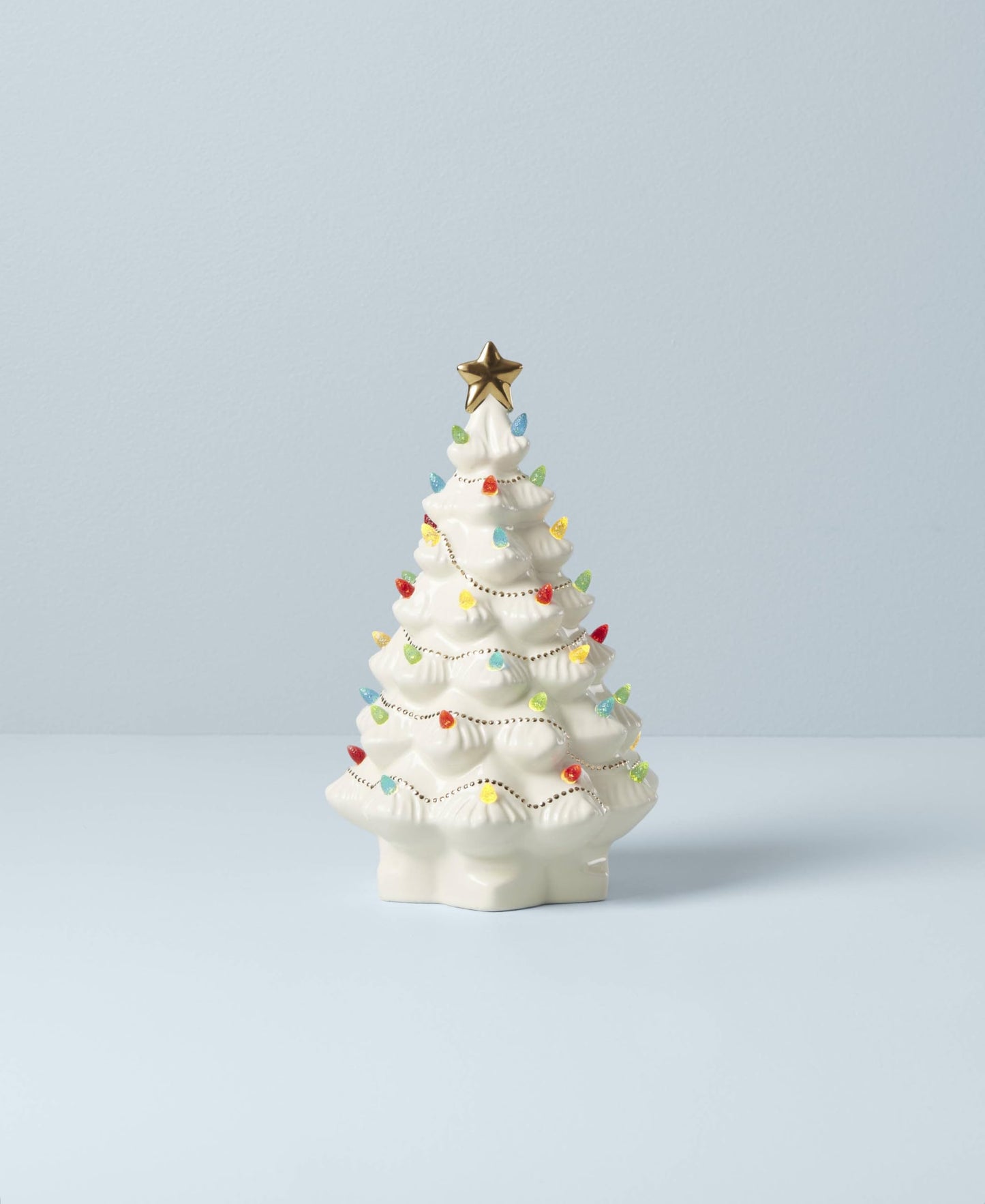 Lenox Figurine, Treasured Traditions Ivory Light-Up Ceramic Christmas Tree Figurine, Christmas Decorations, Holiday Winter Decor Indoor (Ivory, 1 Piece, 8.82-Inch Height) 3 AAA Batteries Not Included