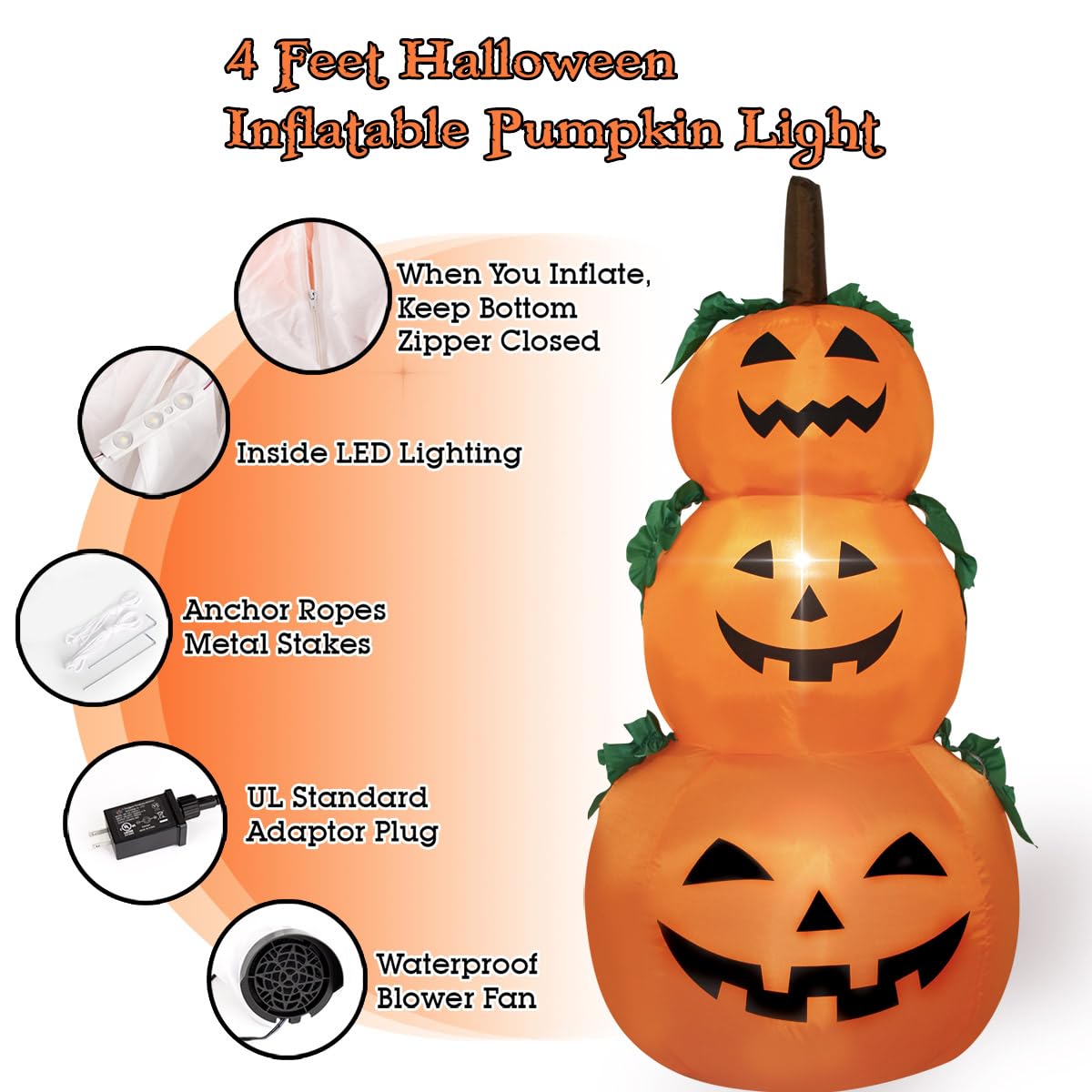 Decfine Halloween Blow up Inflatable Pumpkin Decoration-Lighted Inflatable Pumpkin for Home Yard Garden Indoor and Outdoor Decoration with Built in Fan and Anchor Ropes (3 Halloween Pumpkin)