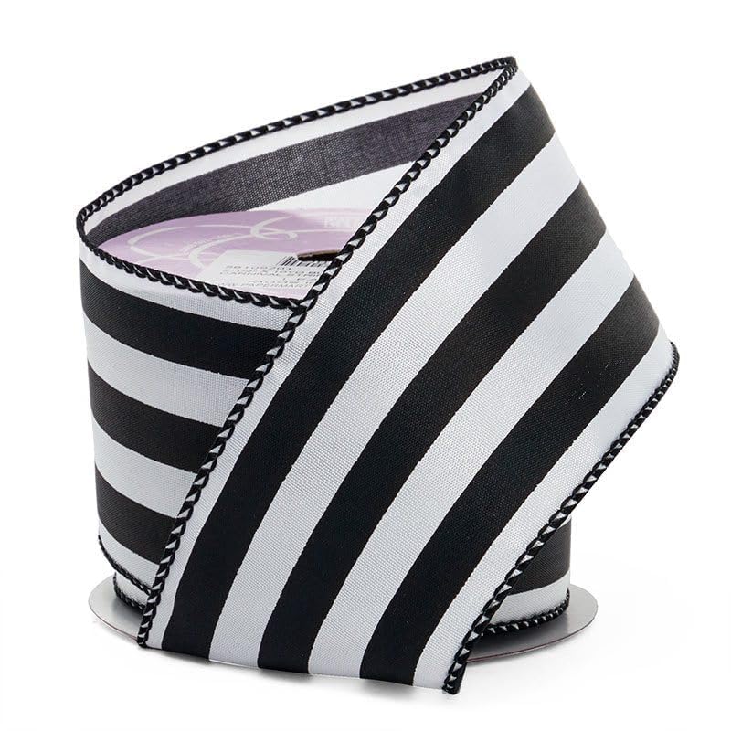 2 1/2" X 10 Yards Black/White Carnival Stripe Wired Ribbon Halloween