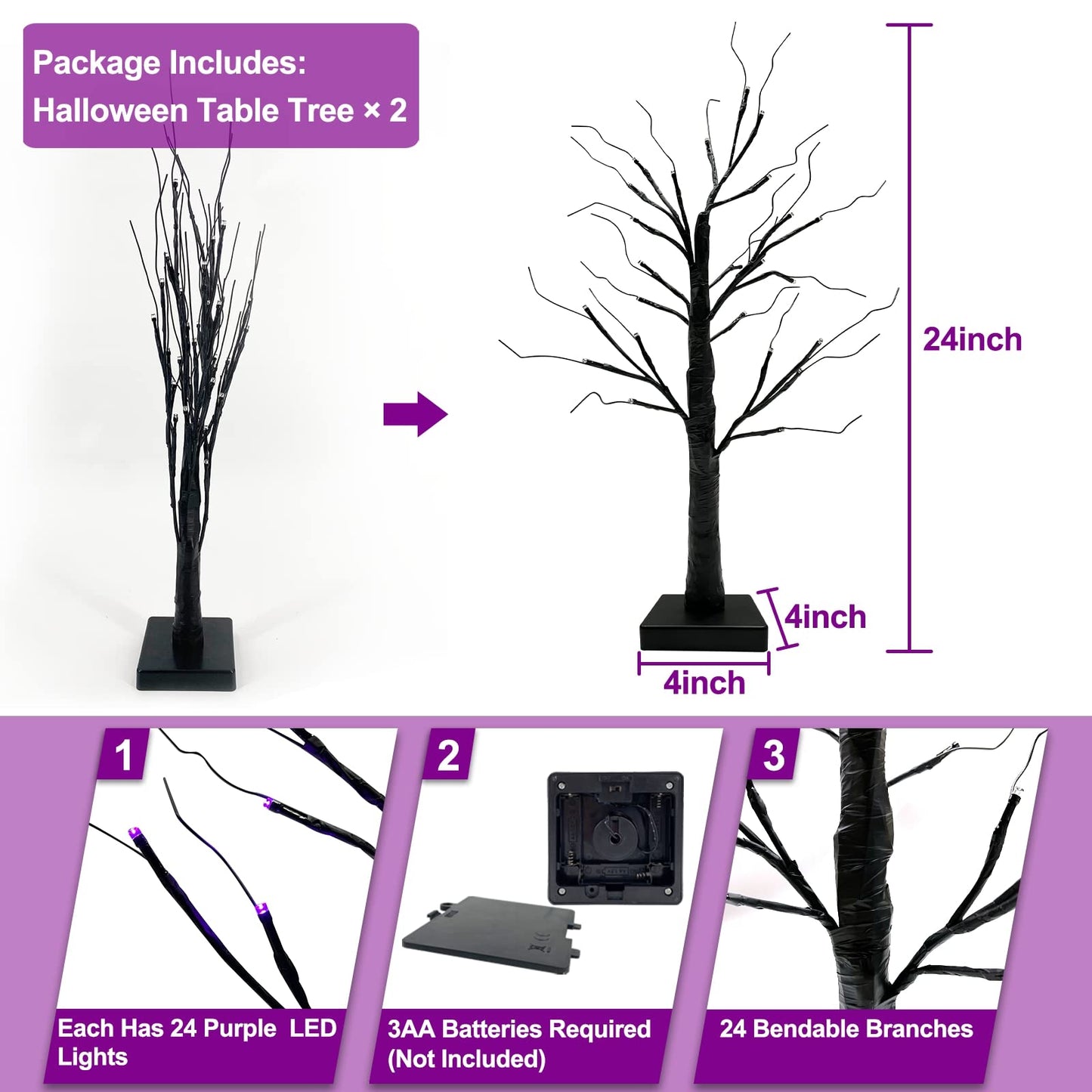 2 Pack 24 Inch Purple Lighted Halloween Birches Tree Decor with Timer Total 48 LED Battery Operated Tabletop Artificial Black Spooky Tree Halloween Decorations for Indoor Home Holiday Party