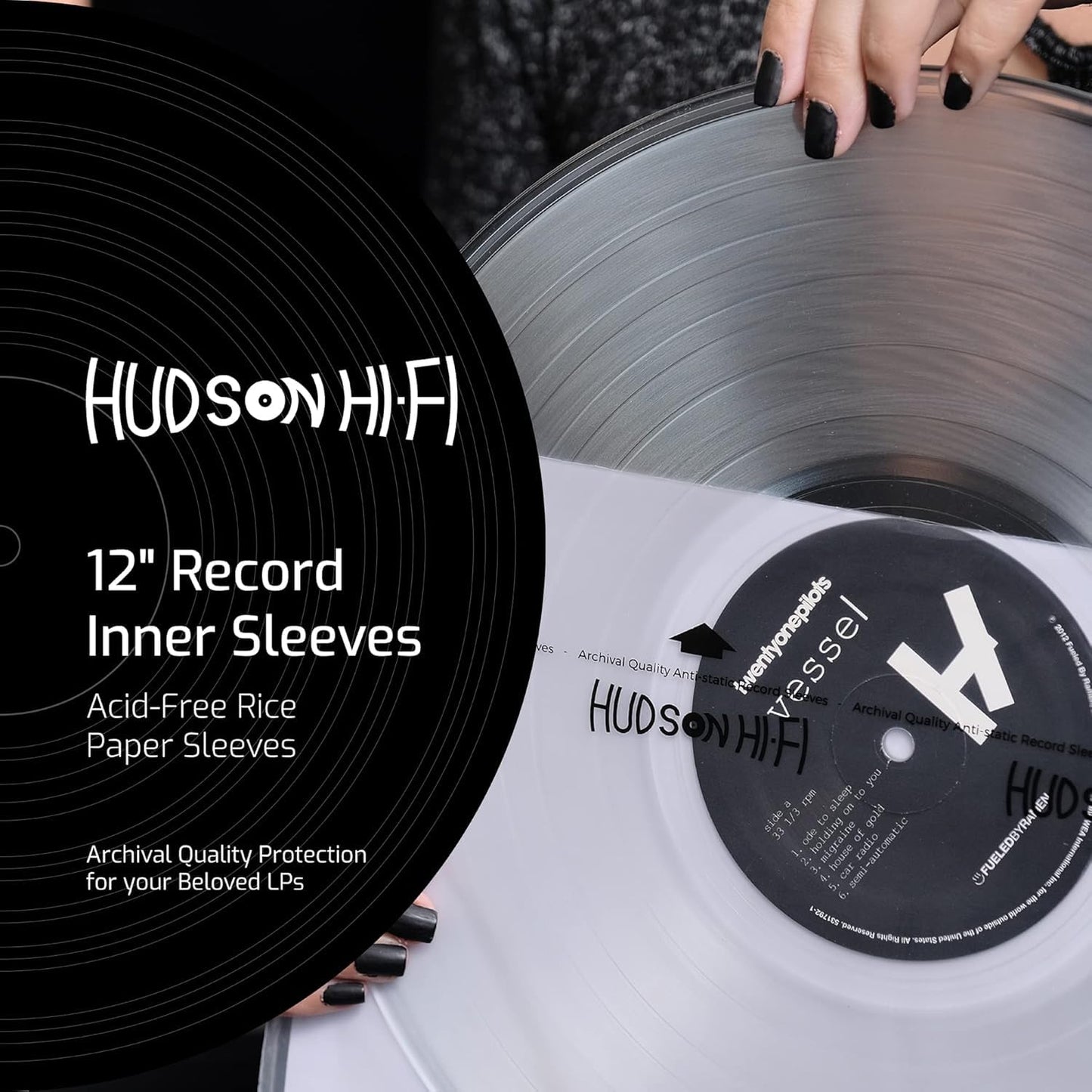 Hudson Hi-Fi Anti-Static Vinyl Record Inner Sleeves 100 Pack - Durable Clear Disc Sleeves- Protect Your LP Albums from Scratches, Dust & Dirt - Acid-Free Rice Paper Interior Disc Covers