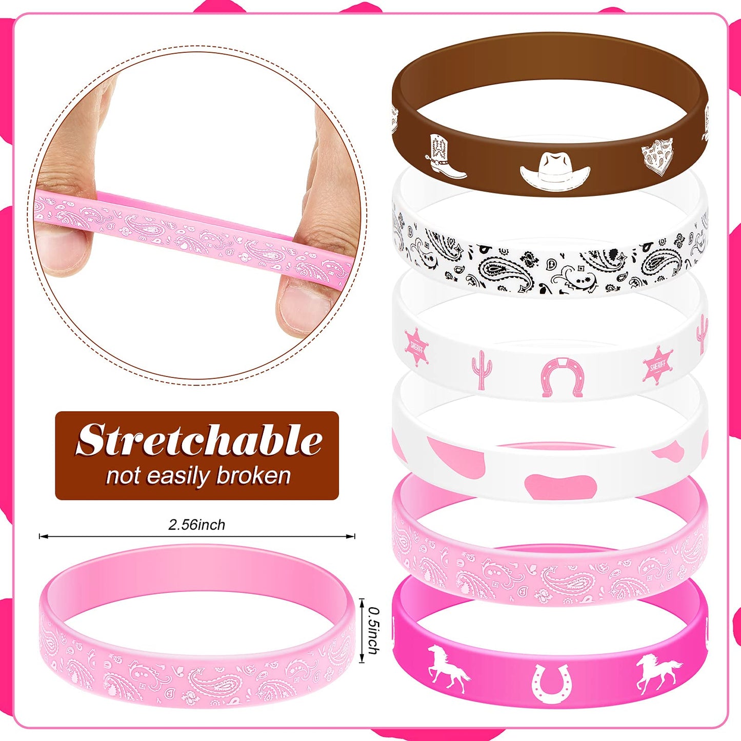 Cowgirl Silicone Bracelets Western Party Bracelets Colored Stretch Wristbands for Western Themed Birthday Halloween Party Supplies, 6 Different Patterns