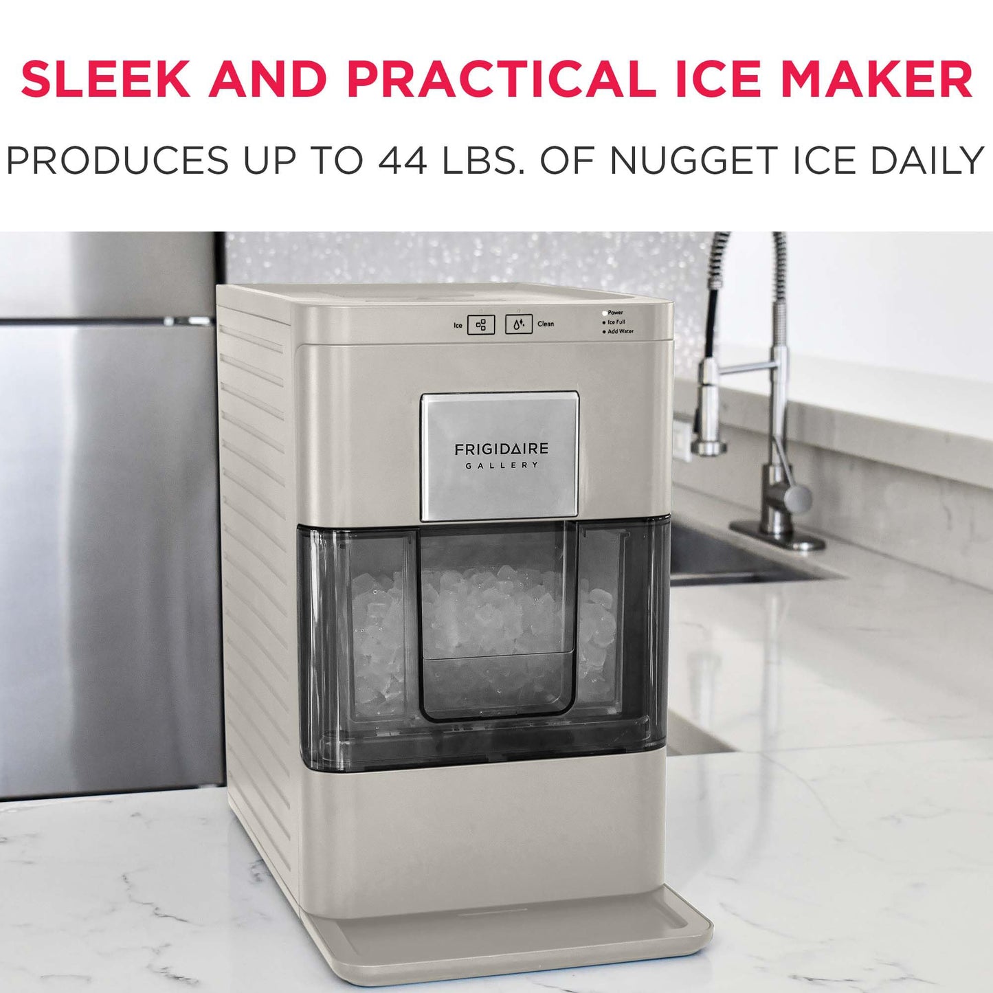 Frigidaire Nugget Ice Maker, Countertop Ice Machine with Transparent Window, Sonic Ice Maker with 44 lbs. Capacity, Auto Self Cleaning Ice Maker Machine, 2.0 Gen, Cream - 16.75D x 11.75W x 20.25H