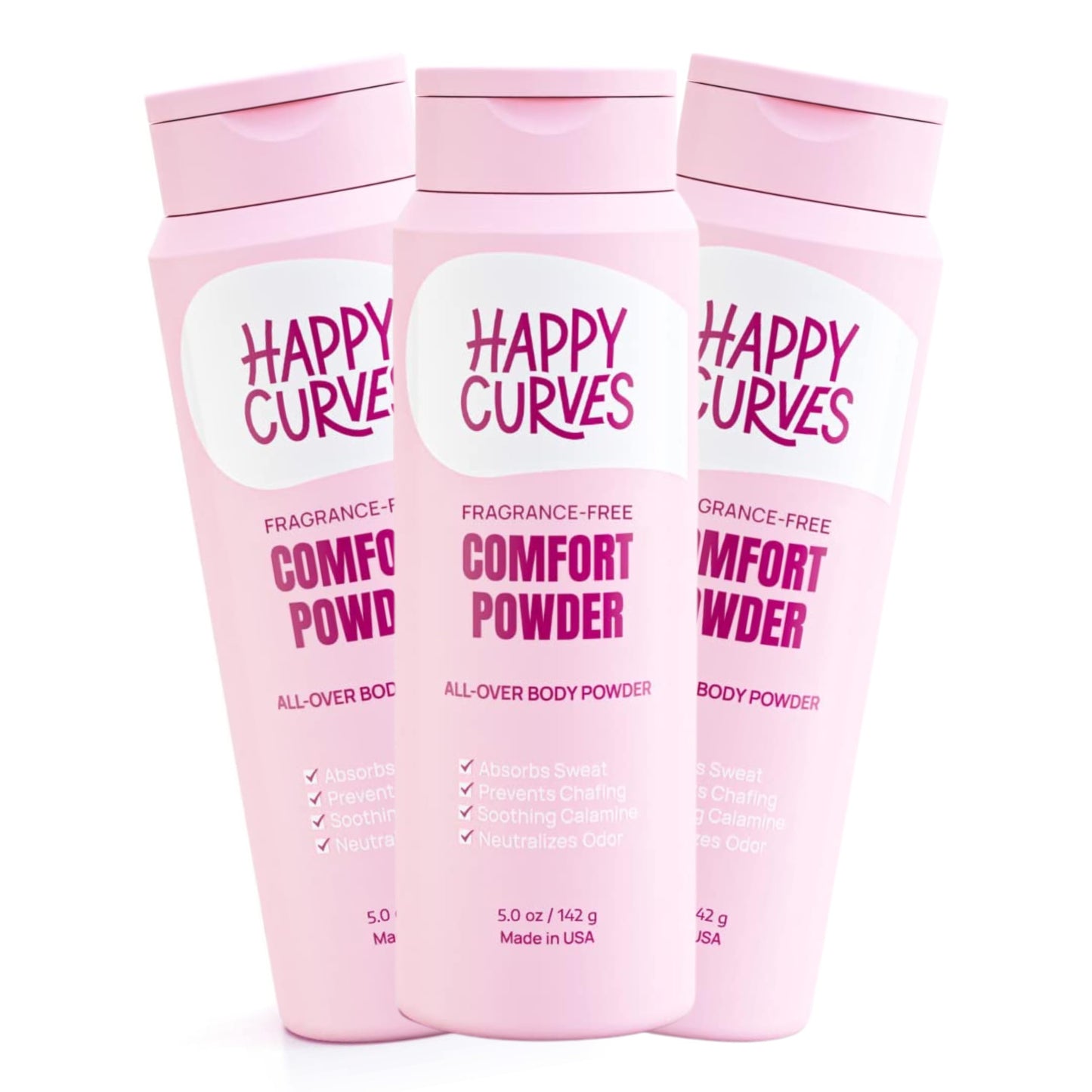 HAPPY CURVES Comfort Powder: Talc Free Anti Chafe Body & Foot Powder Deodorant to Control Inner Thigh Chafing, Private Areas, and All Over Body for Women (5 Ounce (Pack of 3), Fragrance-Free)