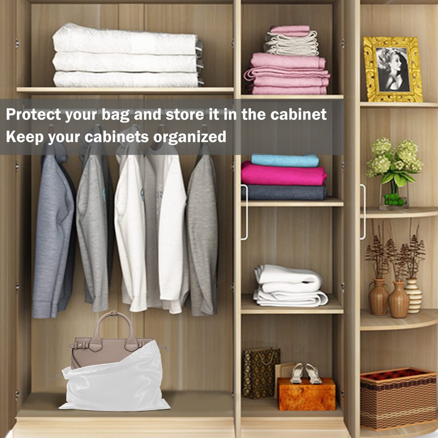 6 Pack Silk Dust Cover Bags for Handbags, Purses, Shoes & Boots - Dustproof Drawstring Bags - Travel Storage Pouches (White, 23.6 19.6 in)