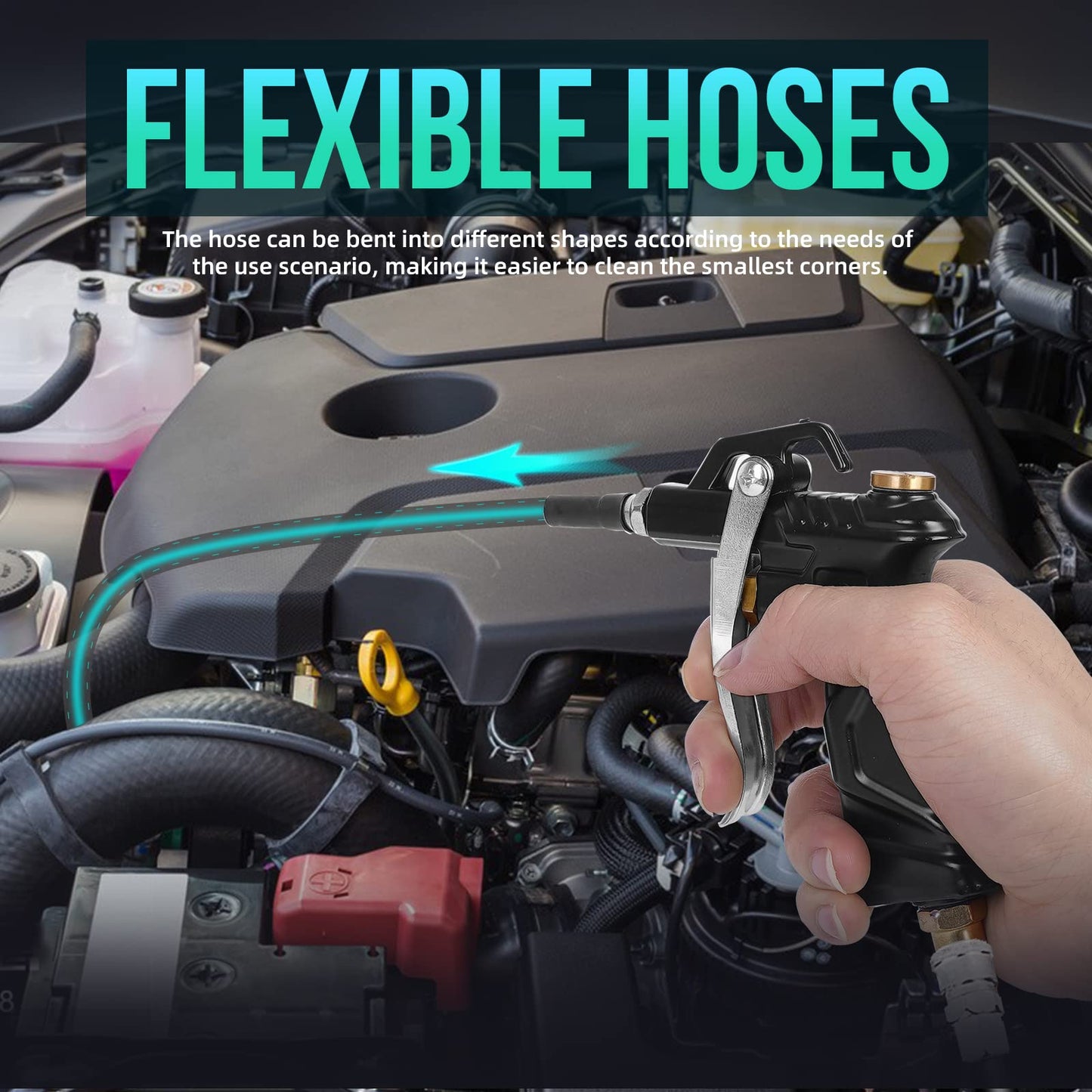 Industrial Air Blow Gun with Brass Adjustable Air Flow Nozzle, Steel Air Flow Extension, and Blow Hose, Pneumatic Air Compressor Accessories Tool Dust Cleaning Air Nozzle Blow Gun (Black)