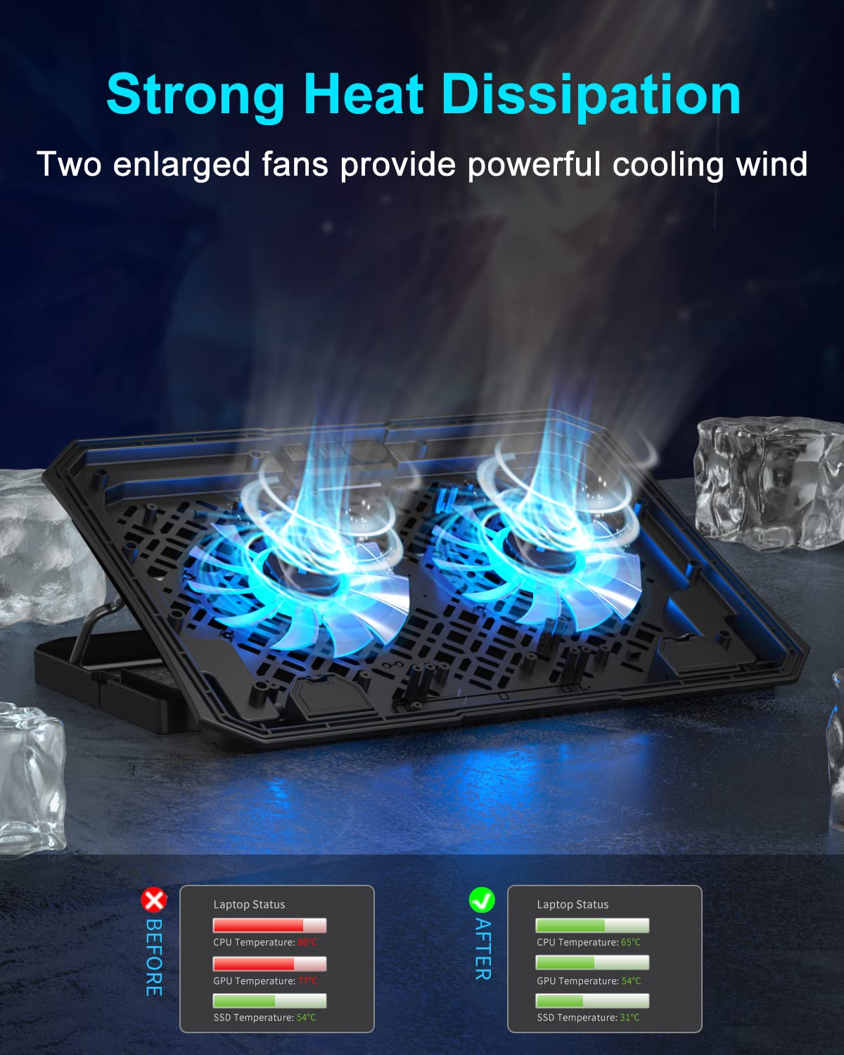 KeiBn Laptop Cooling Pad, Gaming Laptop Cooler 2 Fans for 10-15.6 Inch Laptops, 5 Height Stands, 2 USB Ports (S039)