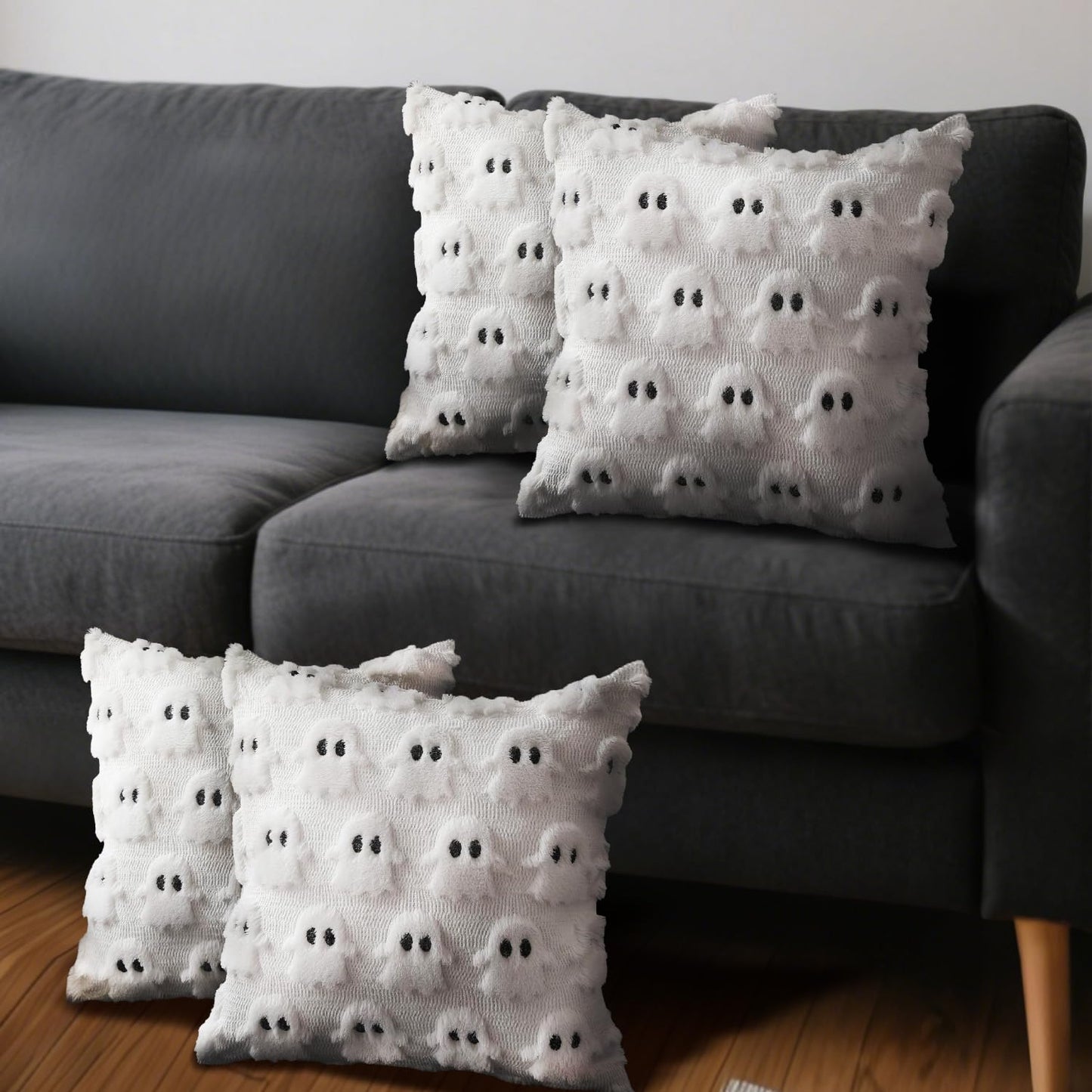 4 Pcs Halloween Throw Pillow Covers 18x18, Soft Faux Fur Pillow Cases Decorations, Fluffy Plush Accent Couch Cushion Case for Halloween Chair Sofa Bedroom Living Room Home Decor(Ghost B)