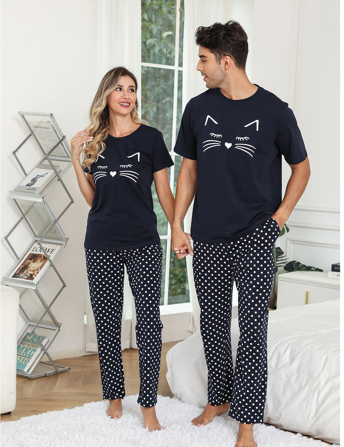 EISHOPEER Women's Pajama Set Cat Print Tops and Polka Dot Pants Nightgown Pjs Sets Navy Blue M
