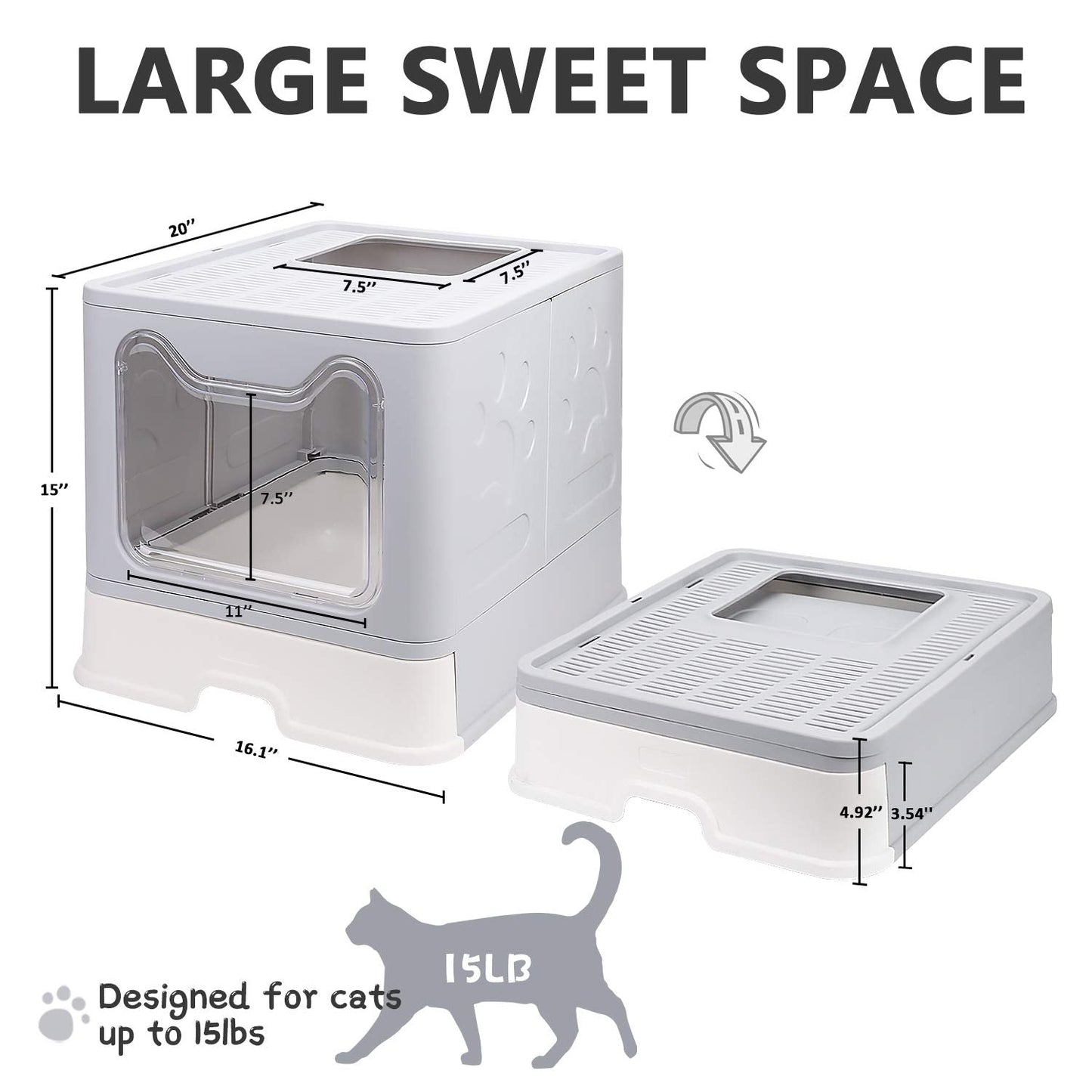 Foldable Cat Litter Box with Lid, Enclosed Potty, Large Top Entry Anti-Splashing Toilet, Easy to Clean Including Litter Scoop and 2-in-1 Cleaning Brush (Grey)