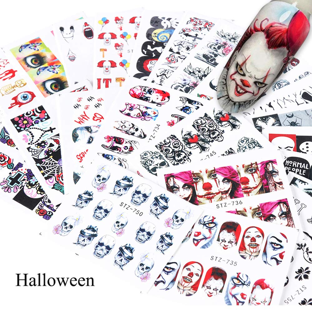 Halloween Nail Stickers - 24 Sheets Day of The Dead Water Transfer Nail Decals Ghost Spider Face Web Witch Skeleton Nail Art Stickers Wraps Manicure Tips Strips Decoration for Halloween Party Supply